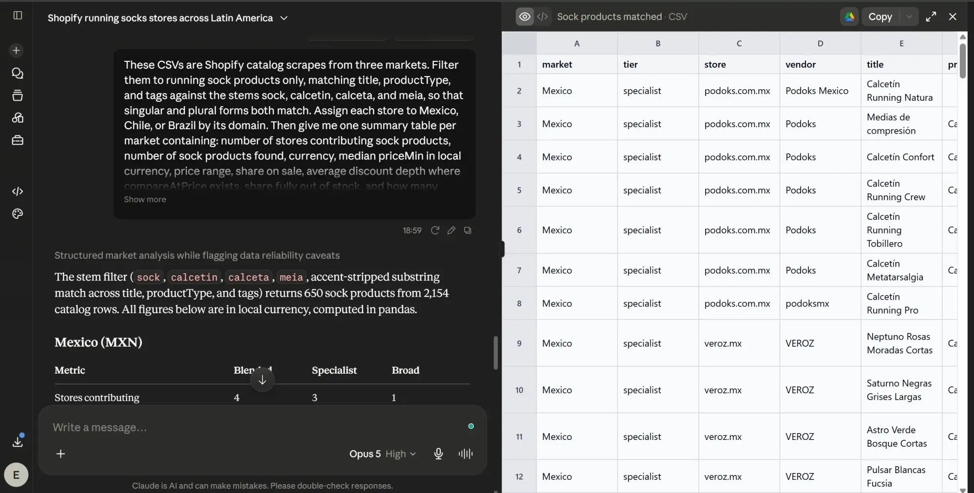 Claude filtering the uploaded catalog CSVs.