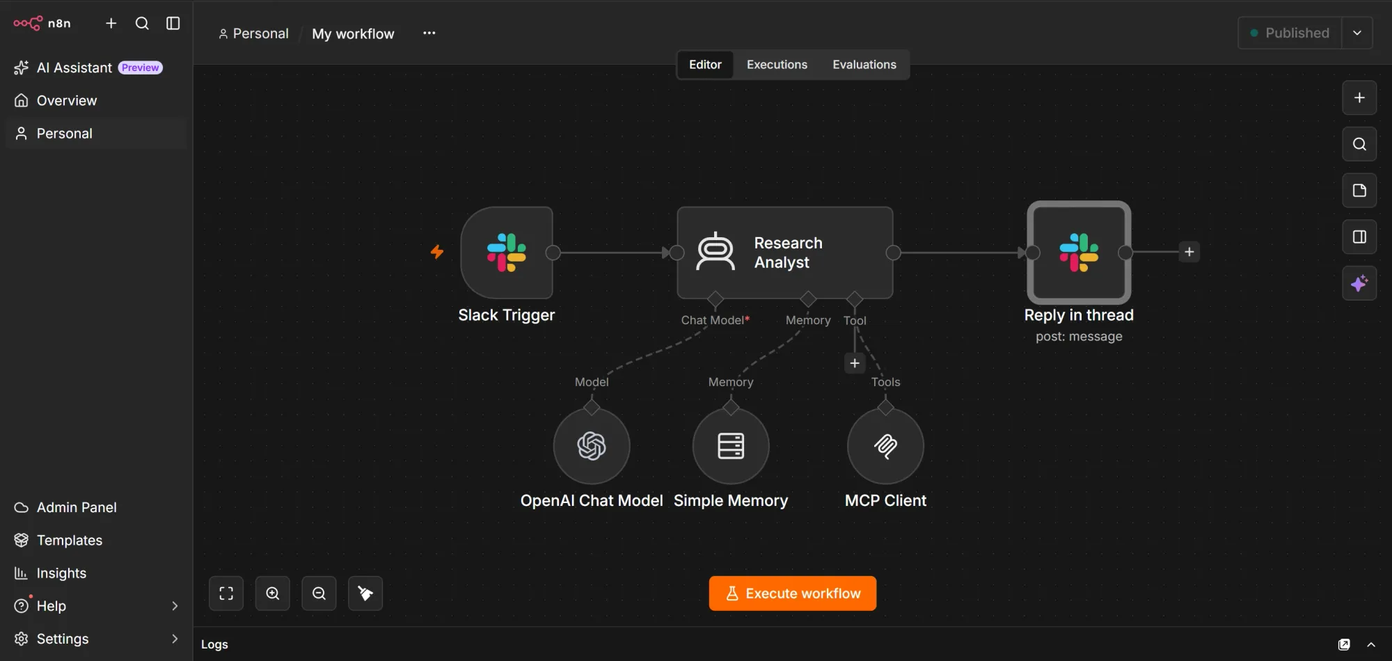 n8n workflow connecting a Slack trigger, research agent, and threaded reply