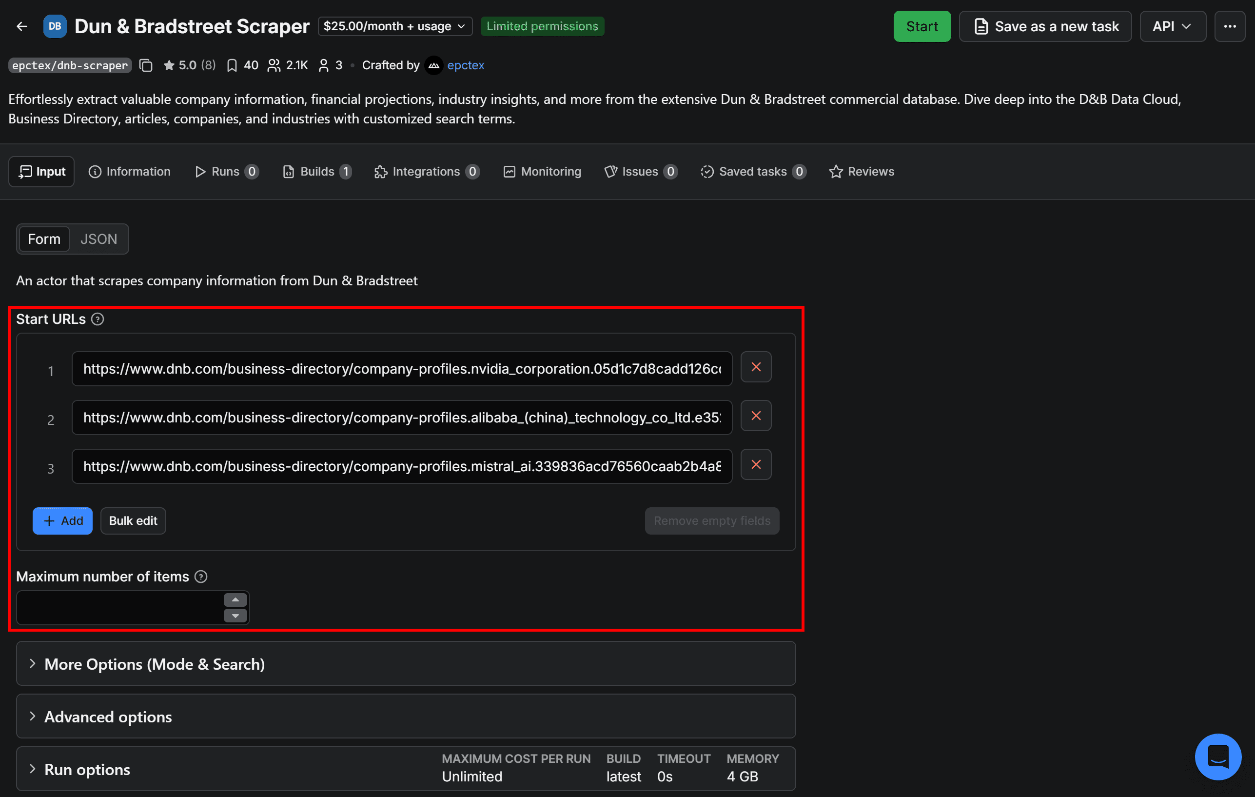 Configuring the Dun & Bradstreet Scraper Actor's run