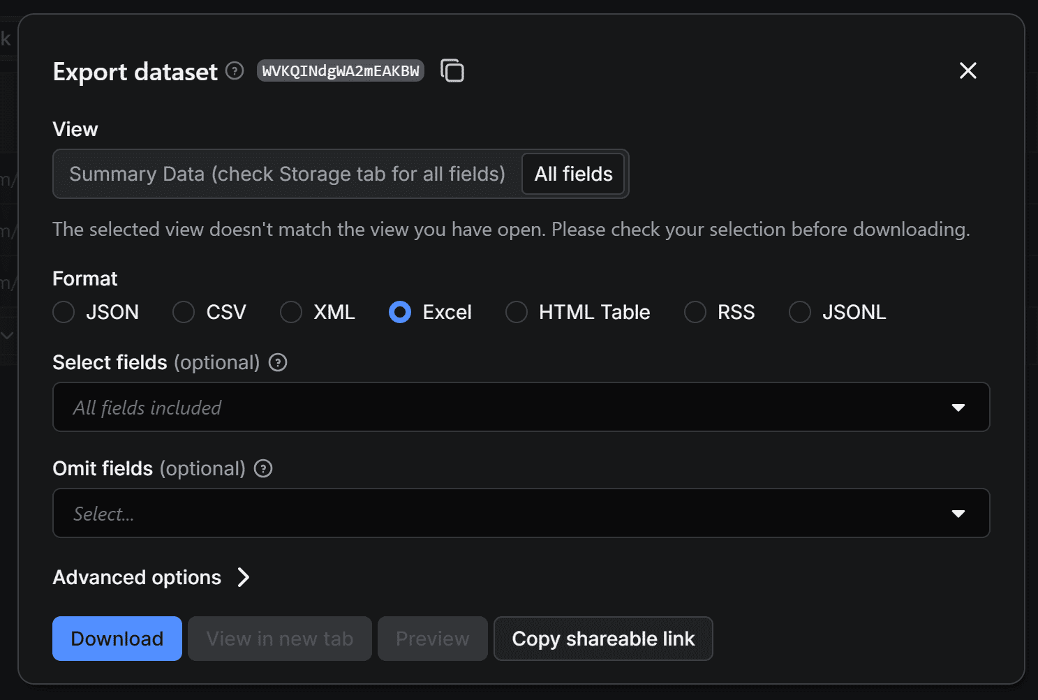 Configuring the export to produce an Excel file