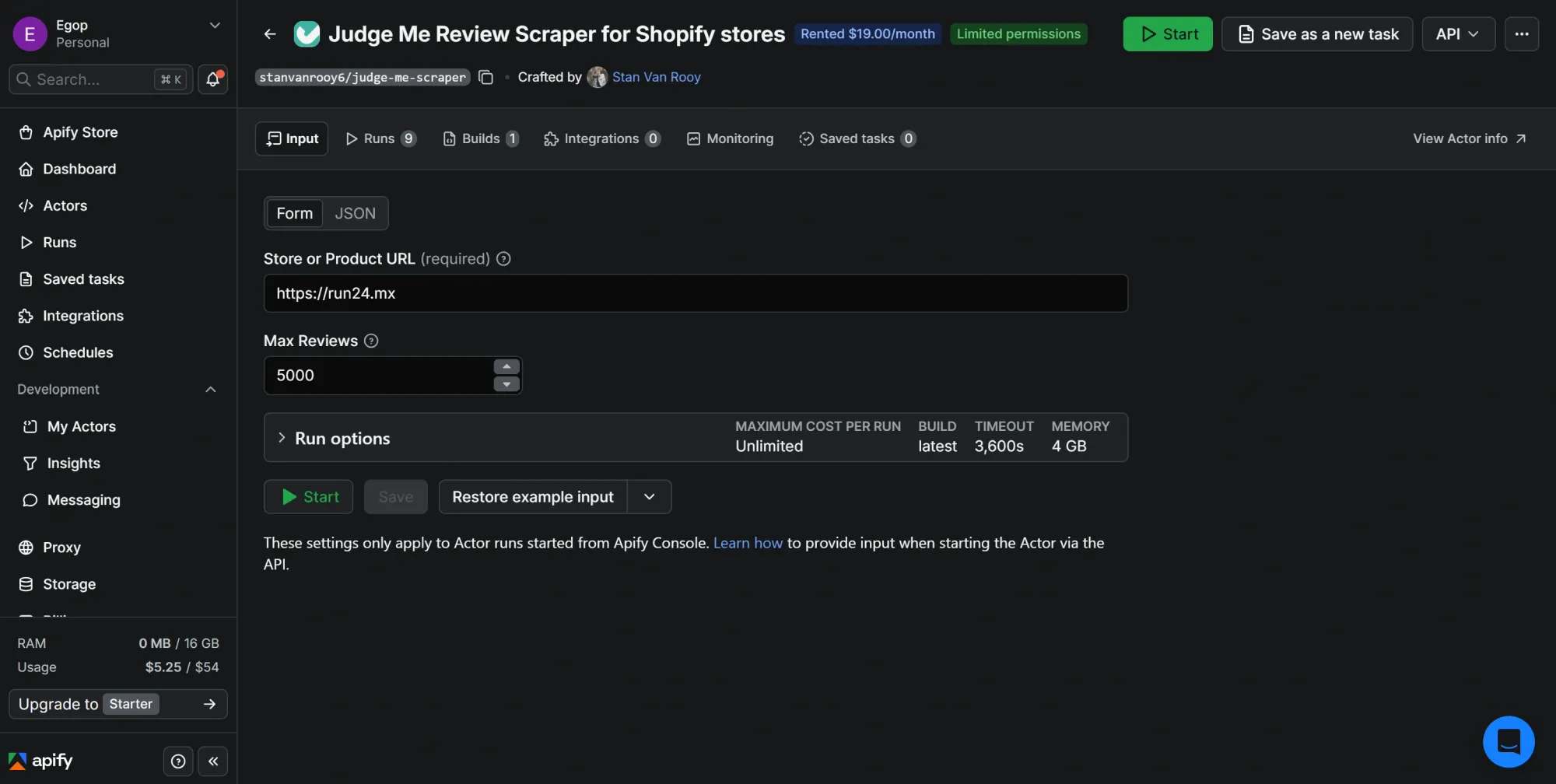 The Judge Me Review Scraper input screen in Apify Console.