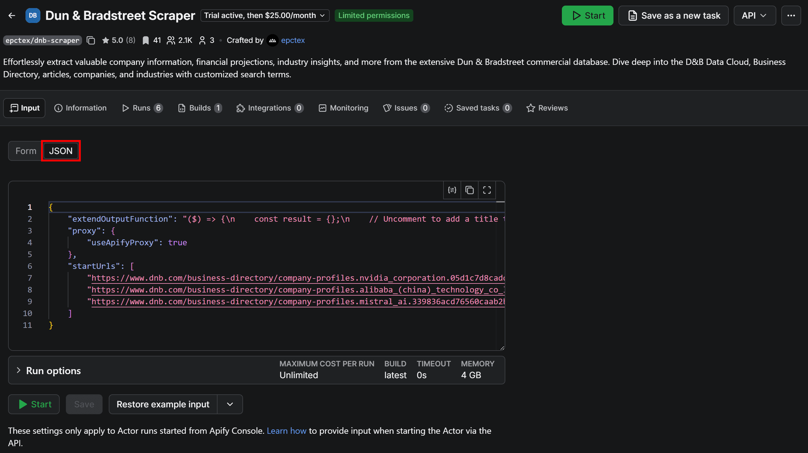 JSON version of the Actor’s run
