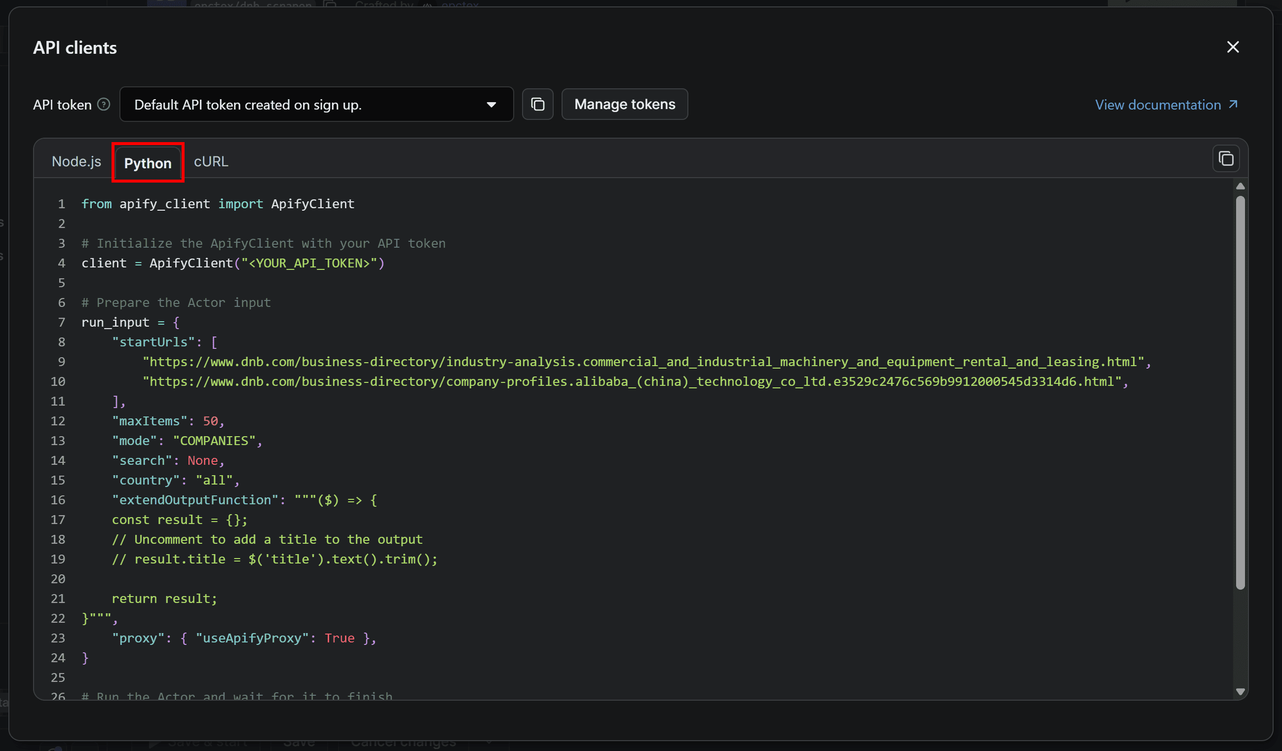 The Python snippet in the API clients modal