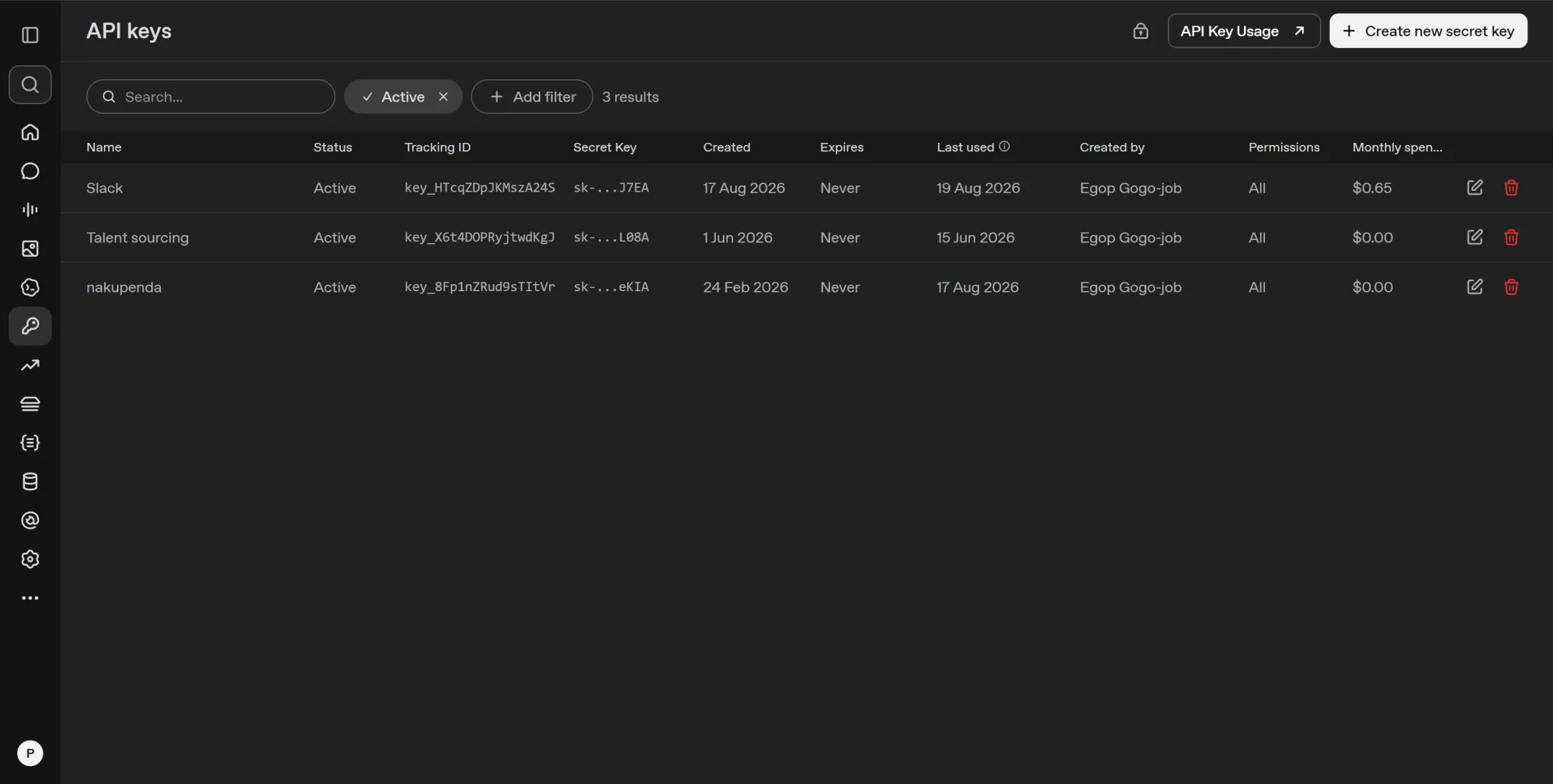OpenAI Platform showing a list of active, masked API keys