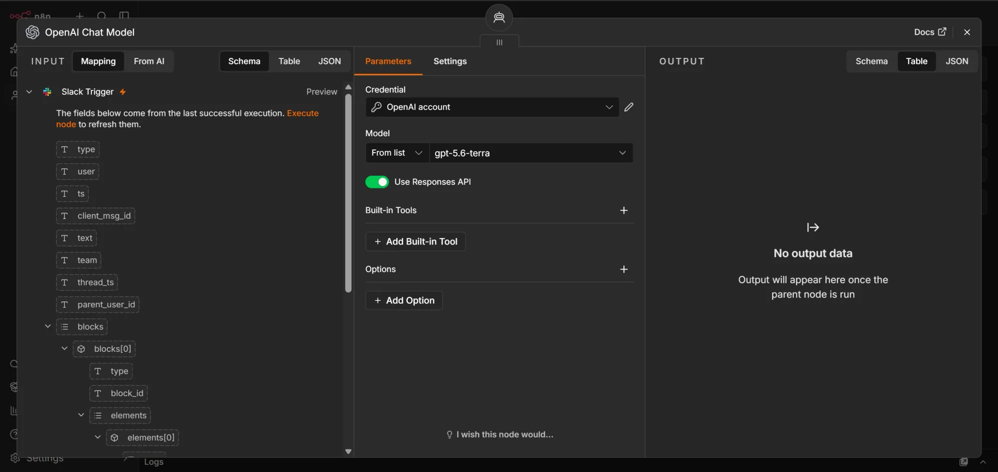 n8n OpenAI Chat Model node configured to use GPT-5.6 Terra