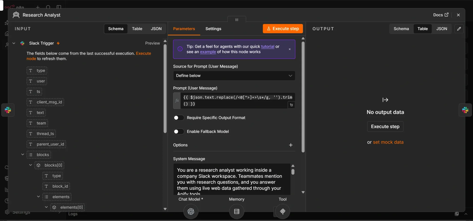 n8n research analyst node with its Slack prompt and system instructions
