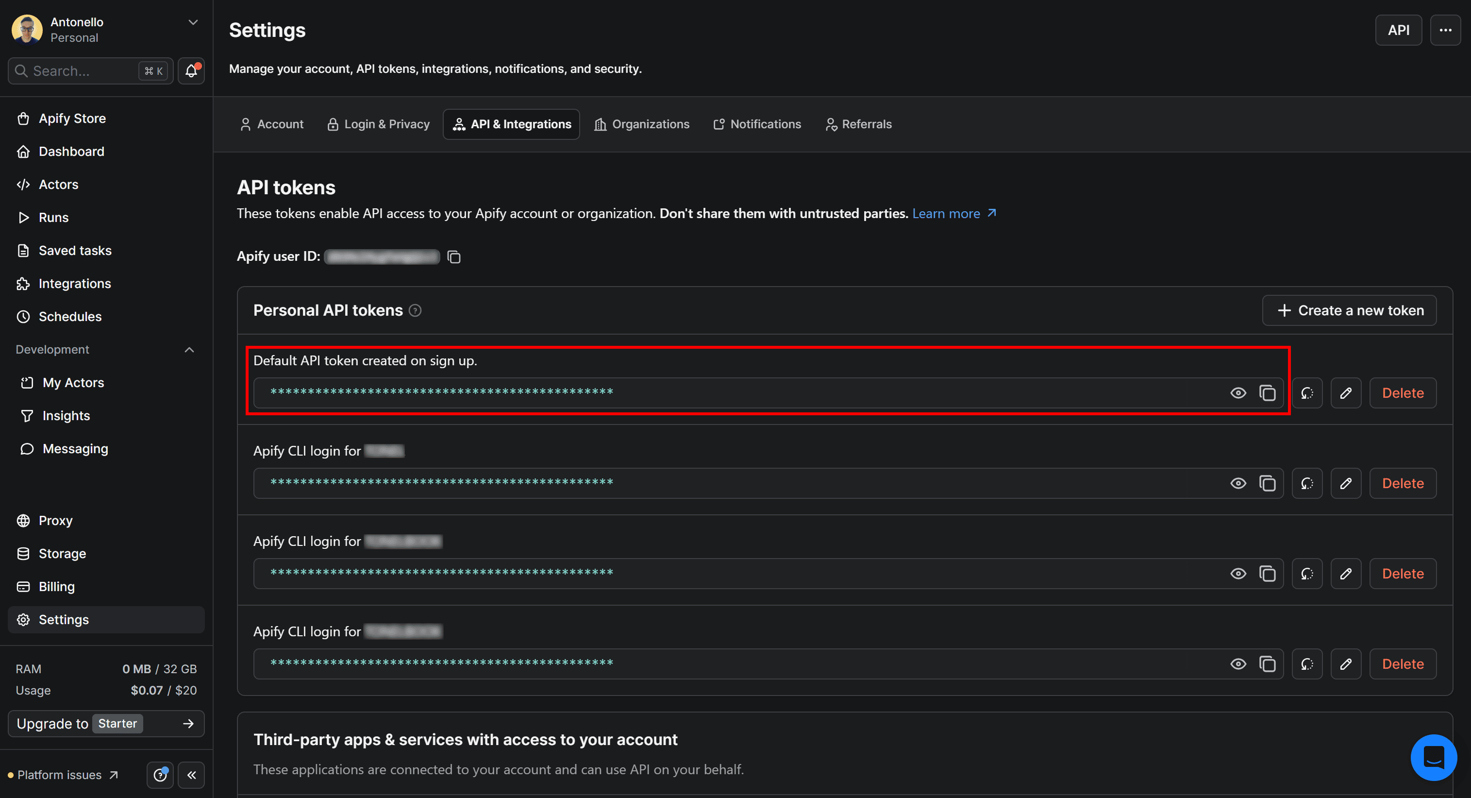 Retrieving your Apify API token