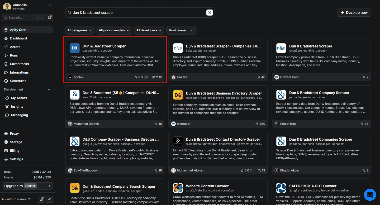 Selecting the Dun & Bradsheet Scraper
