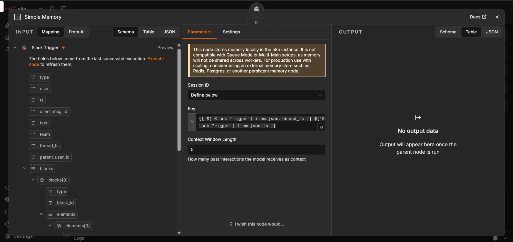 n8n Simple Memory node using Slack threads as separate sessions