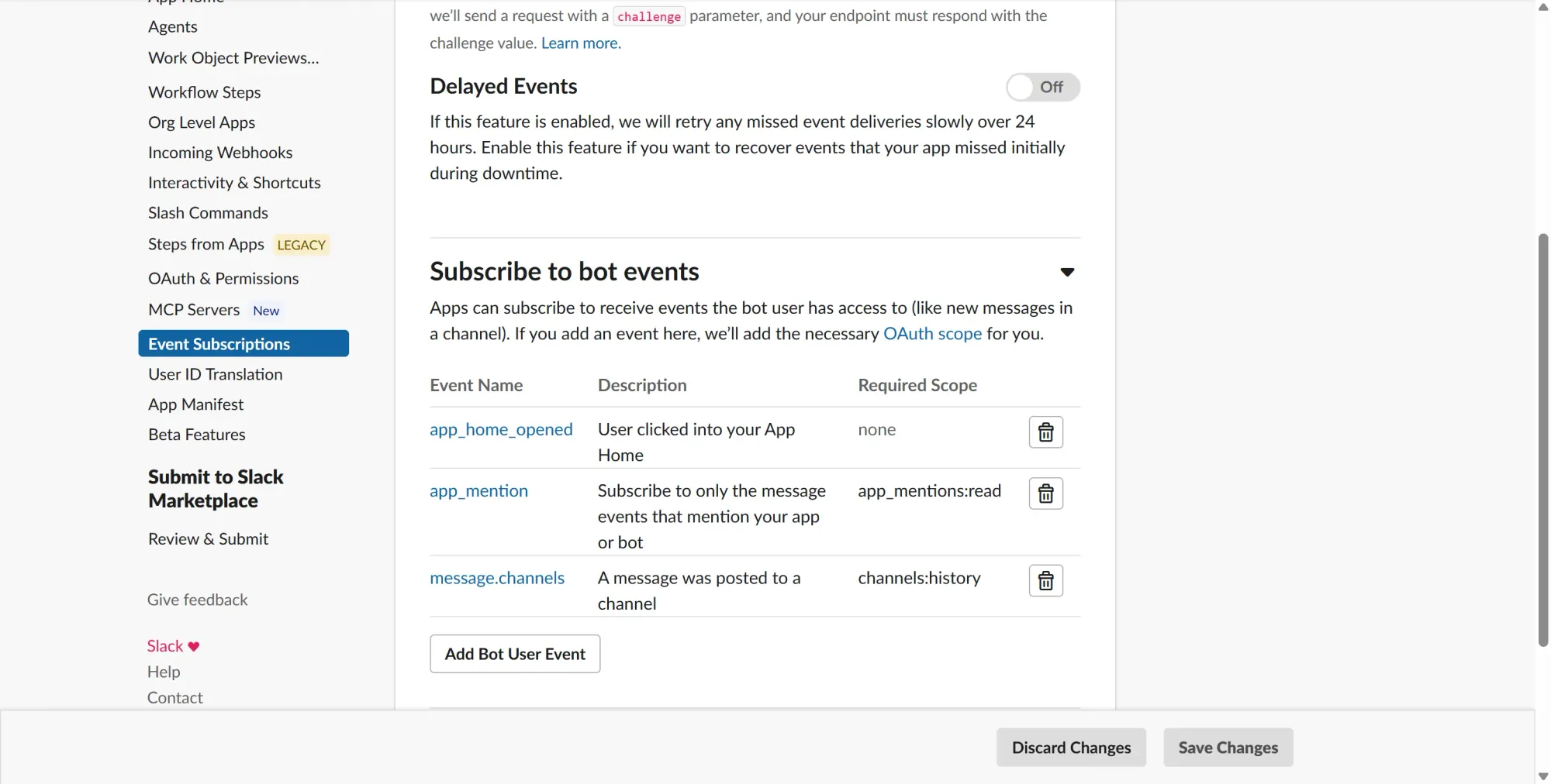 Slack API console showing the bot events subscribed to by the research analyst app