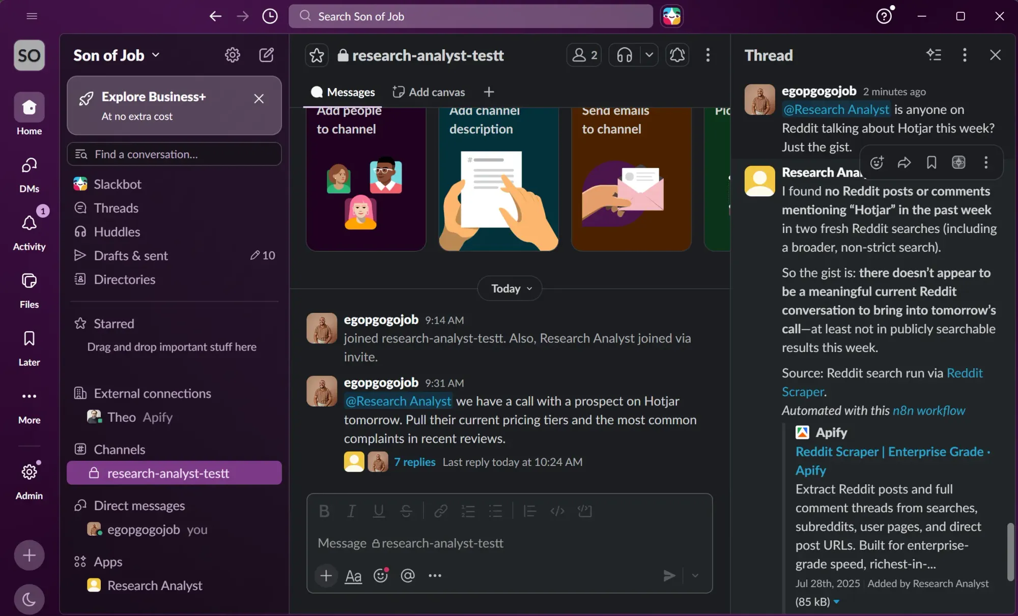 Slack research analyst reporting no recent Reddit discussion of Hotjar