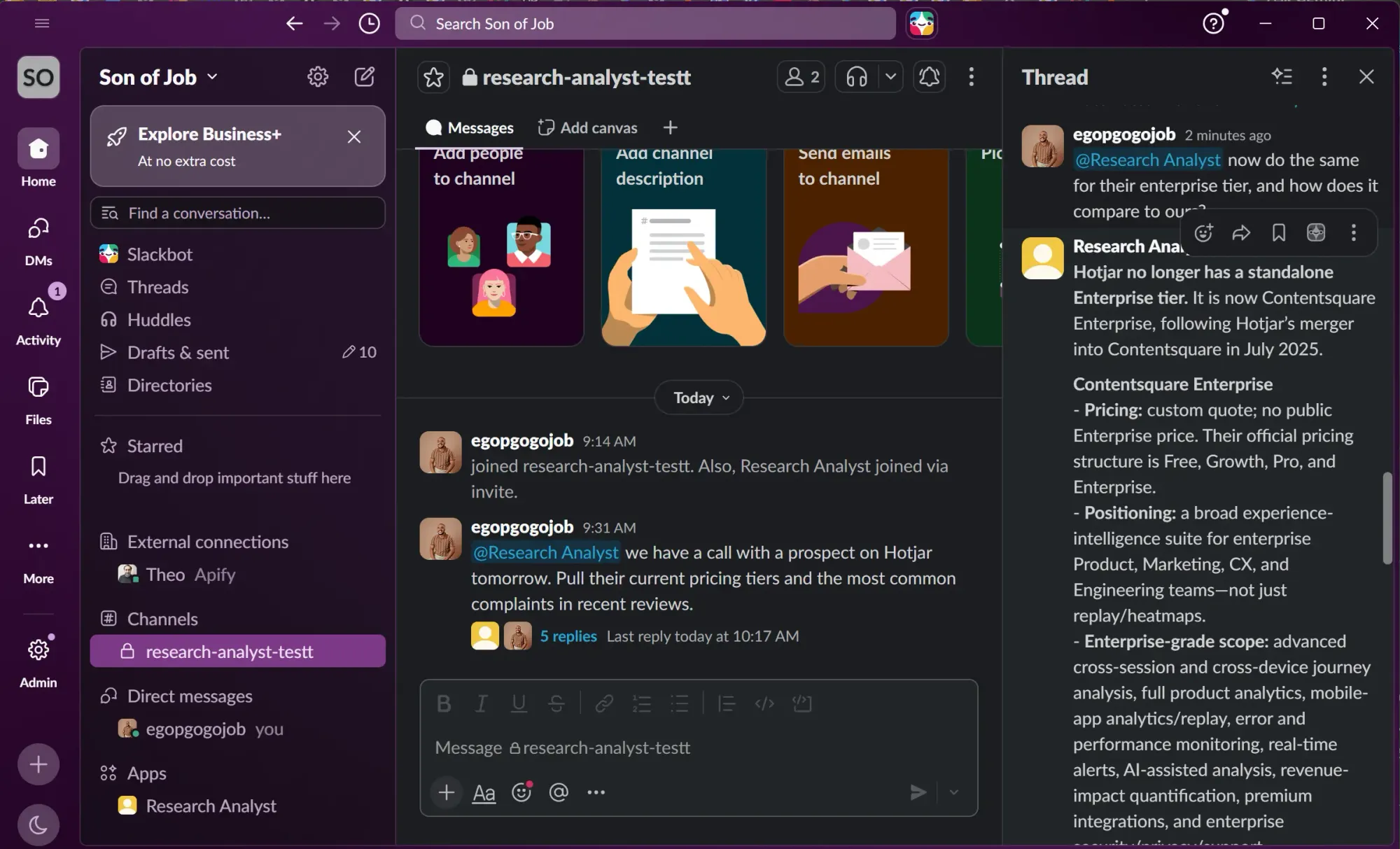 Slack research analyst answering a follow-up about Hotjar’s enterprise offering