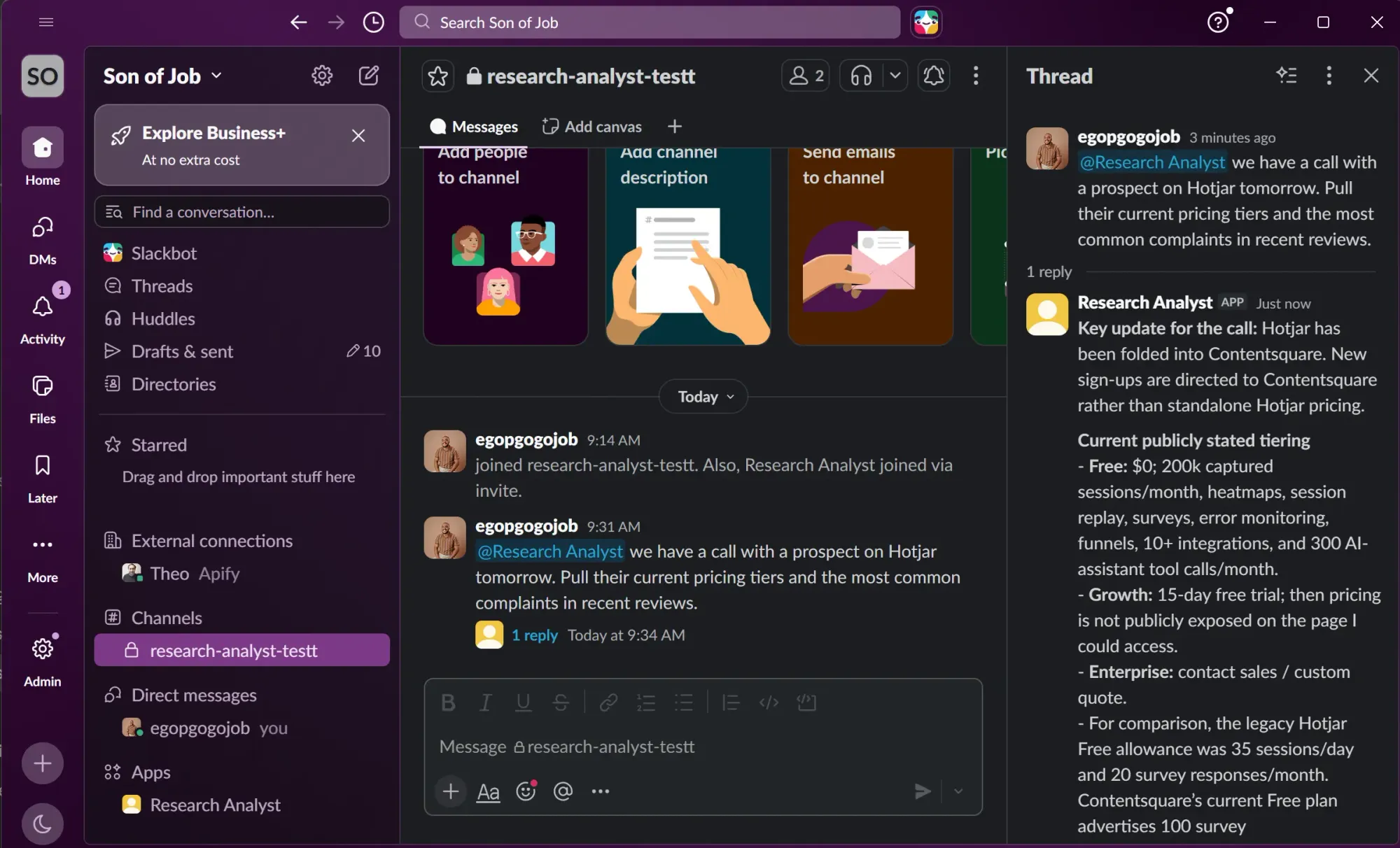Slack research analyst answering a request for Hotjar pricing and customer complaints