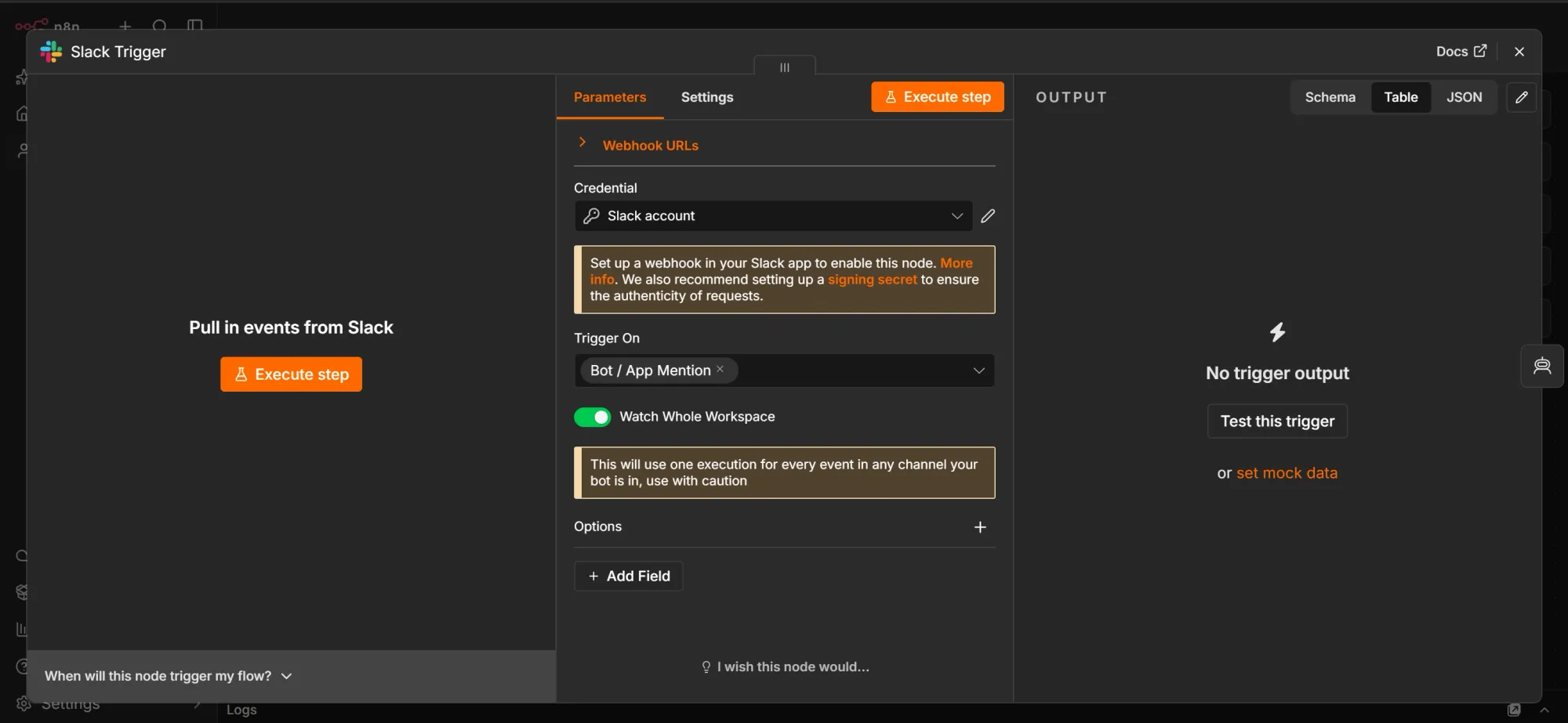 n8n Slack Trigger configured to run when the bot is mentioned