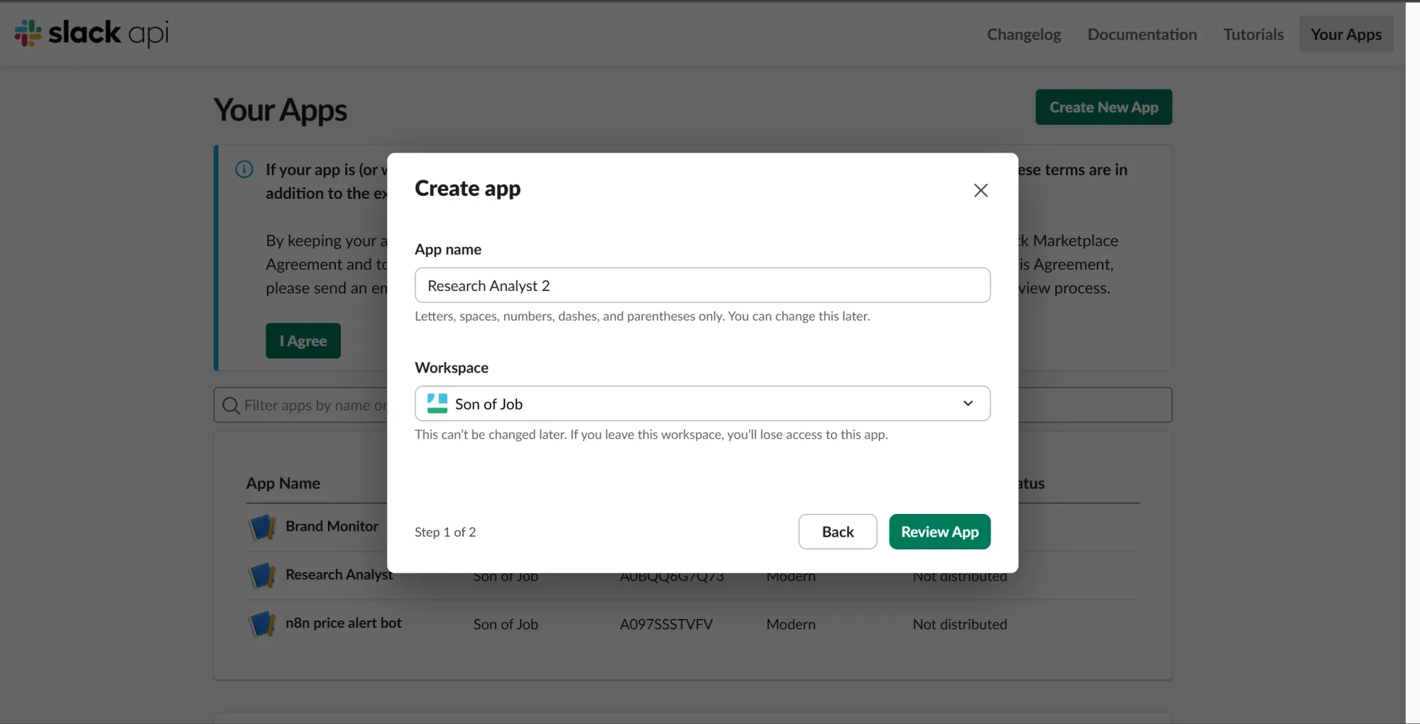 Slack API popoup for creating a Research Analyst app
