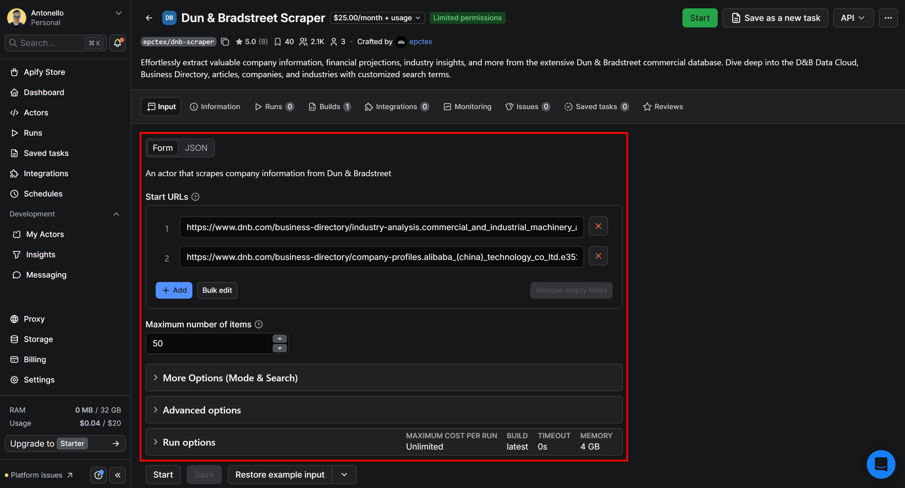 The Dun & Bradstreet Scraper Actor page