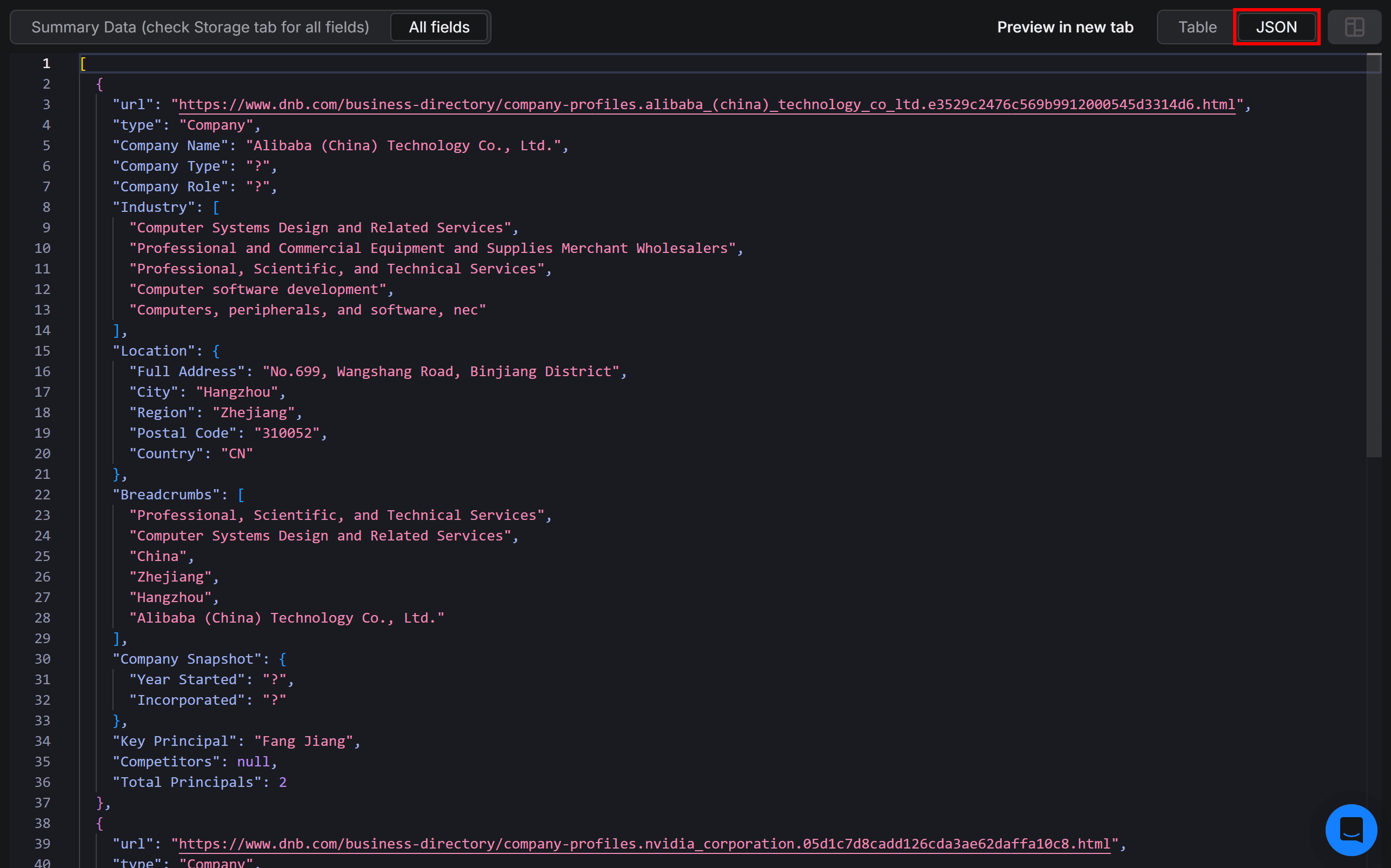 The JSON representation of the scraped data