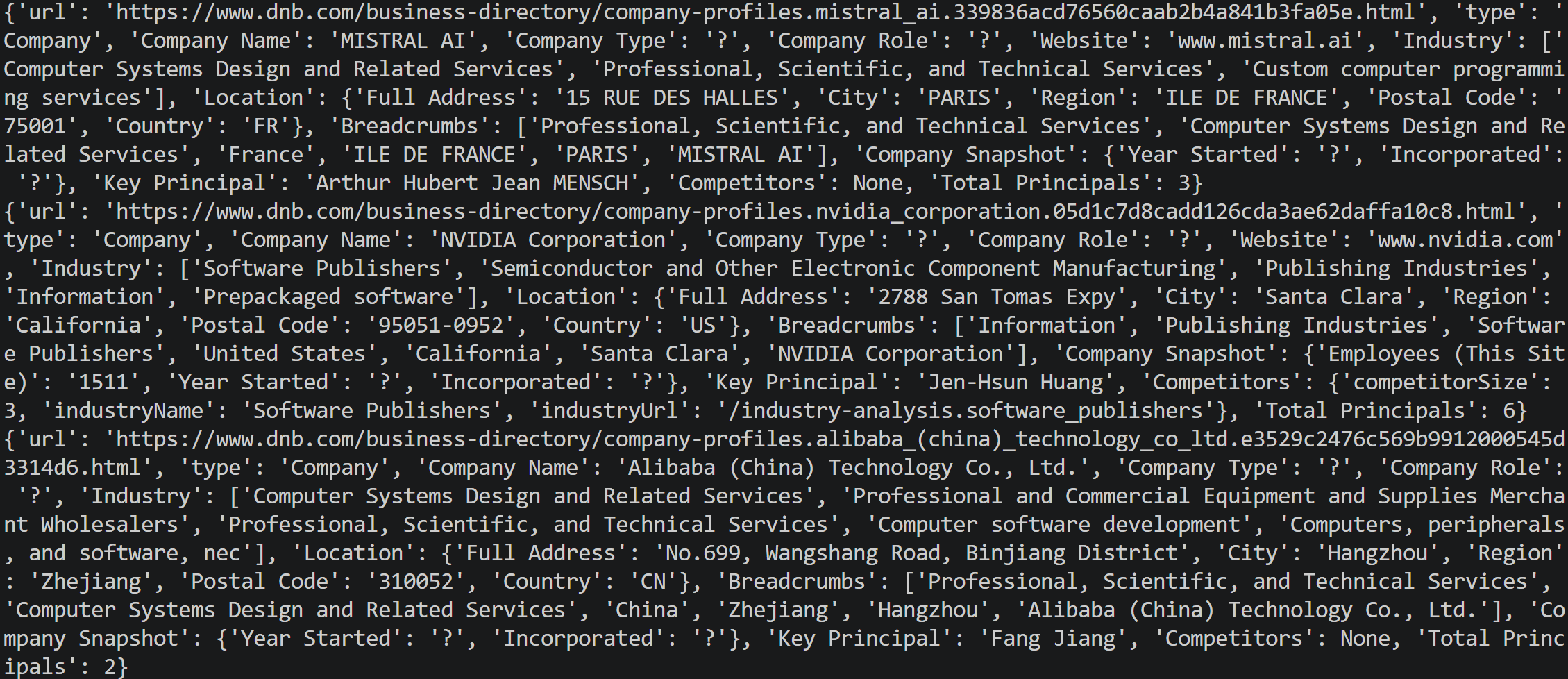 The output of the Python D&B scraper