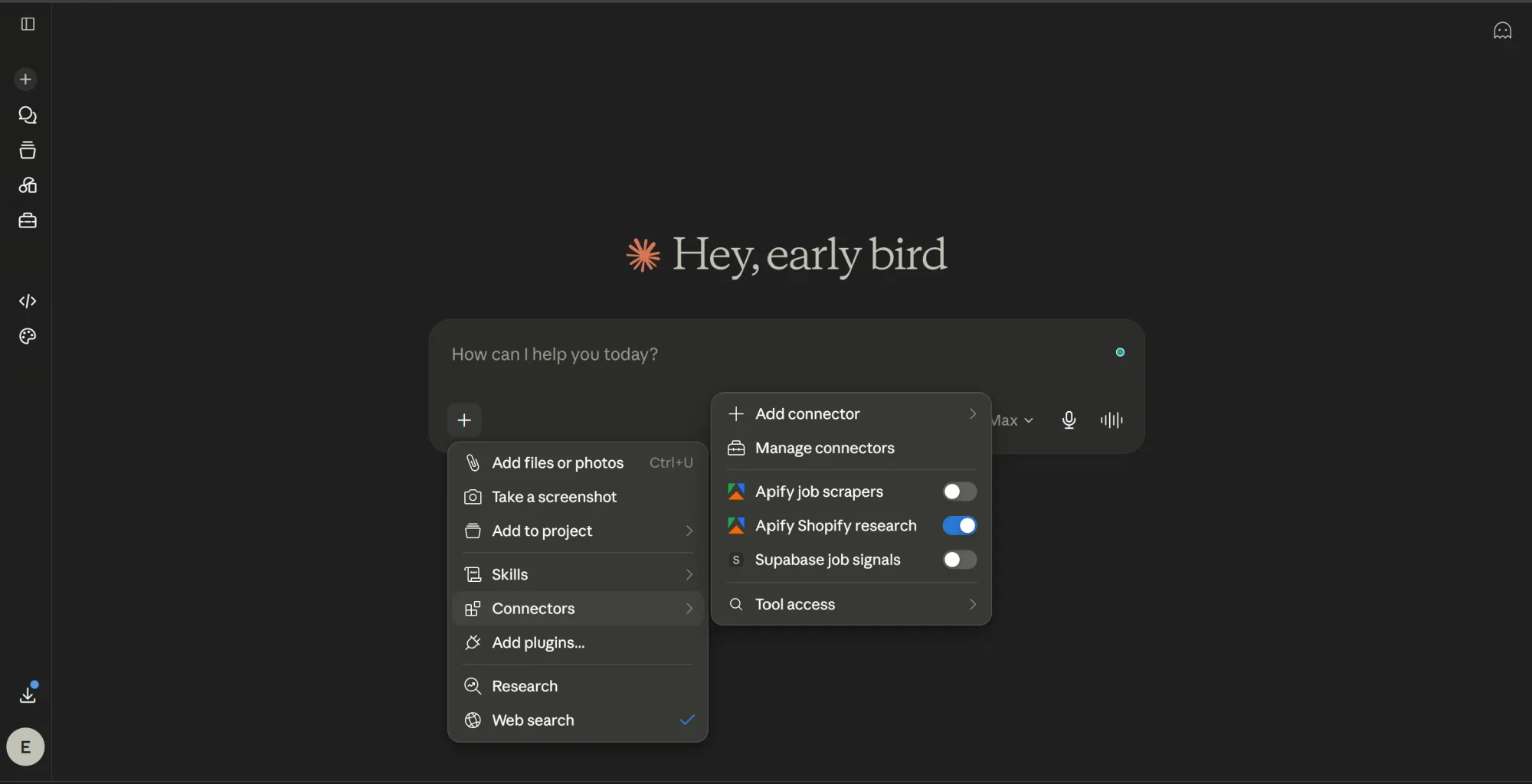 Claude's connector menu with the Apify Shopify research connector toggled on.