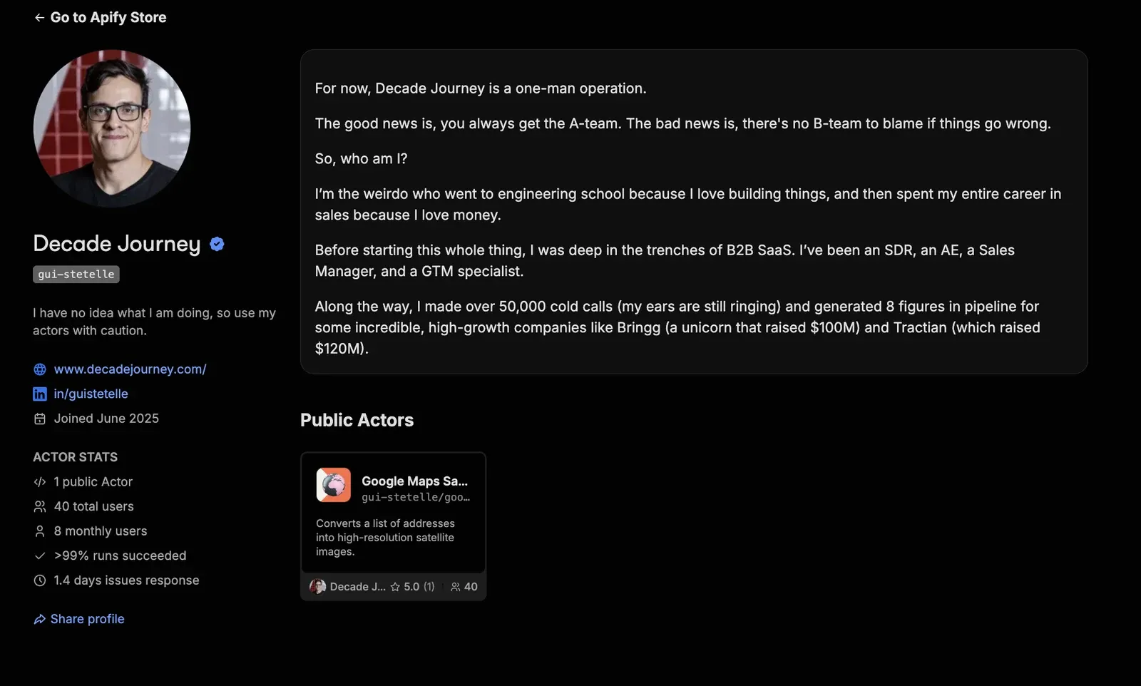 Gui Stetelle's Apify Store profile, showing Decade Journey and his Google Maps Satellite Image Actor.
