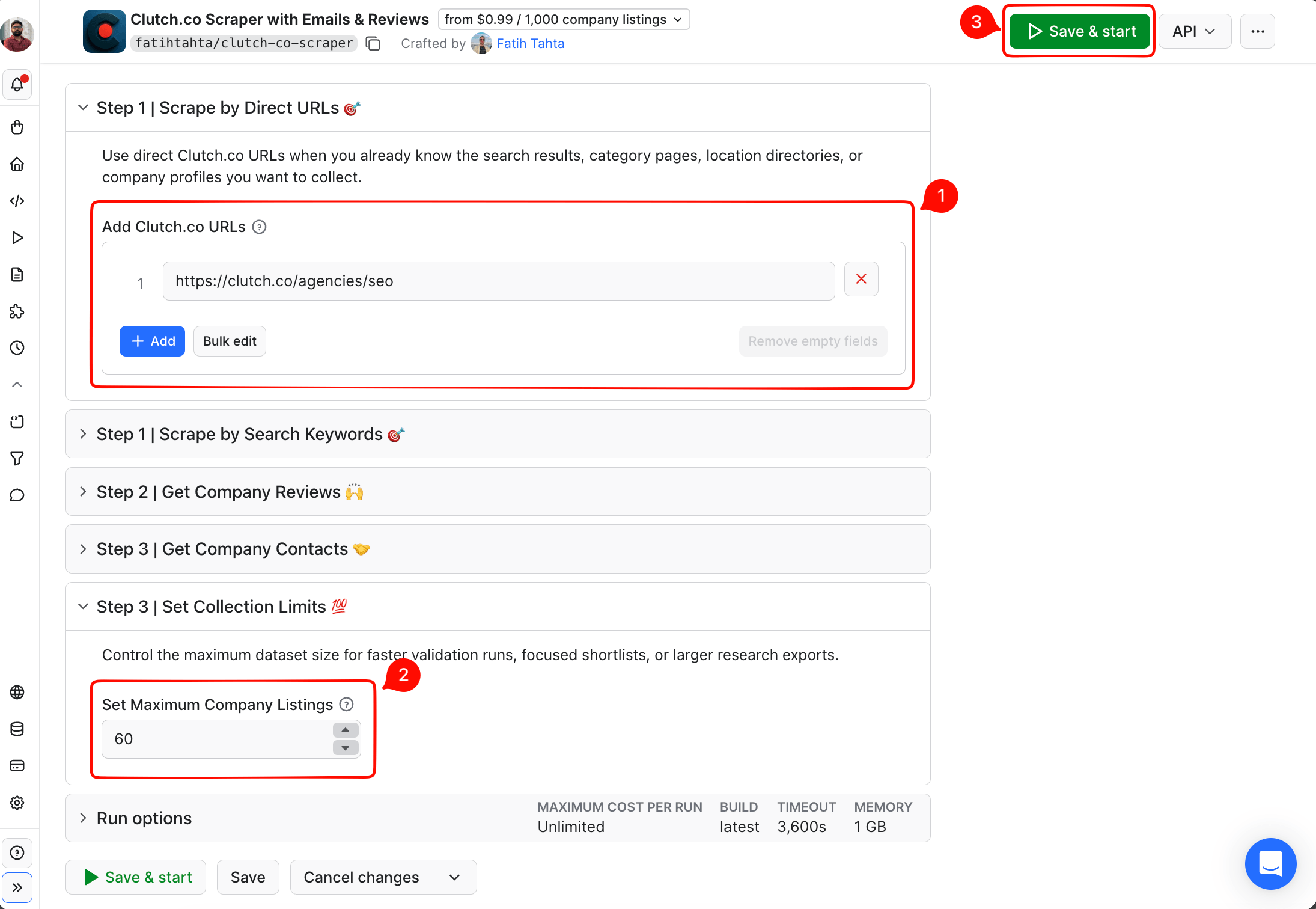 Apify Console input for Clutch.co Scraper with Emails & Reviews, with callouts on the "Add Clutch.co URLs" field (https://clutch.co/agencies/seo), "Set Maximum Company Listings" (60), and the "Save & start" button.