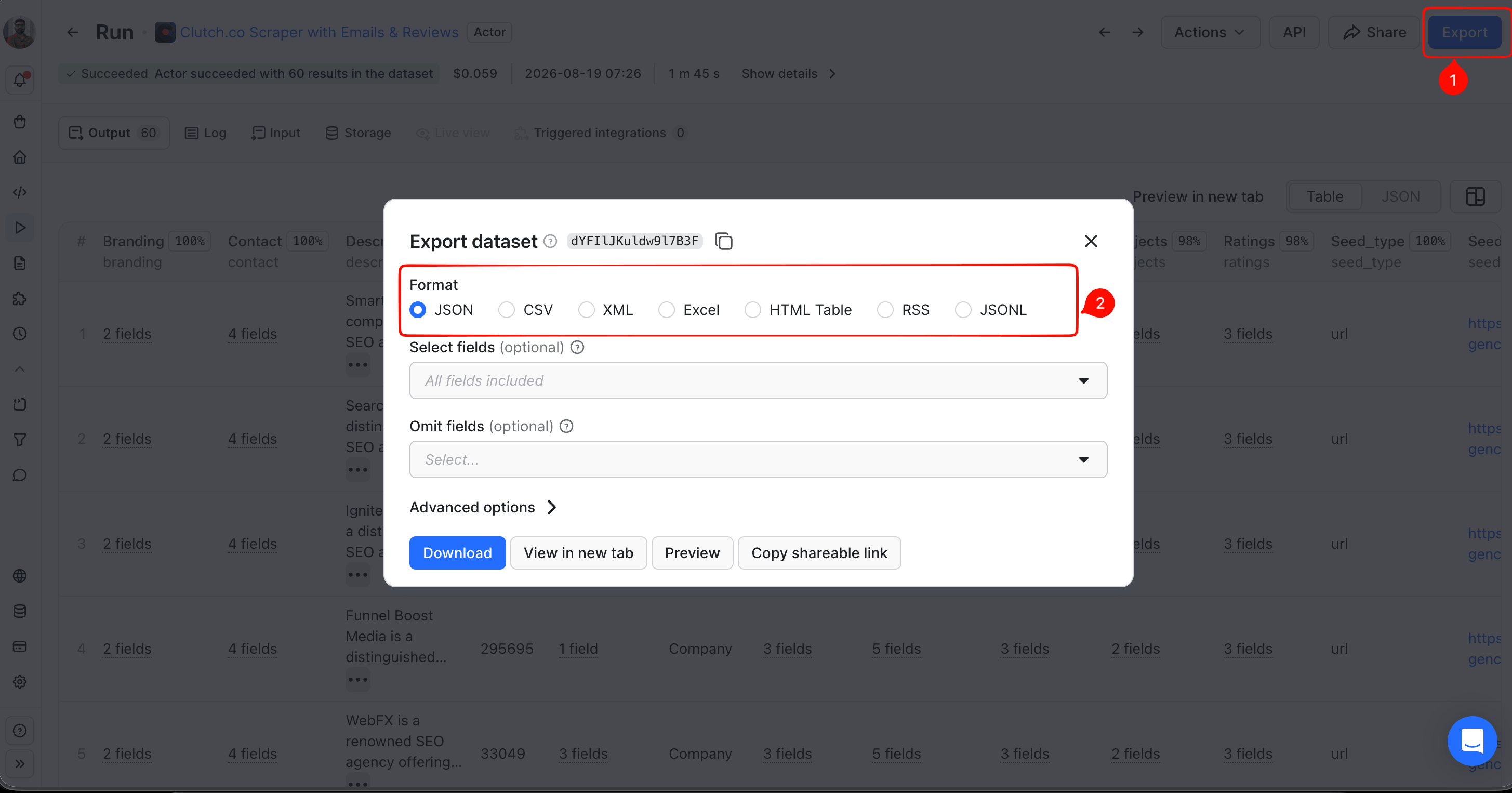Apify Console Export dataset dialog over a finished run (60 results, $0.059, 1m 45s): format options JSON, CSV, XML, Excel, HTML Table, RSS, JSONL, plus Download, View in new tab, Preview, and Copy shareable link buttons.