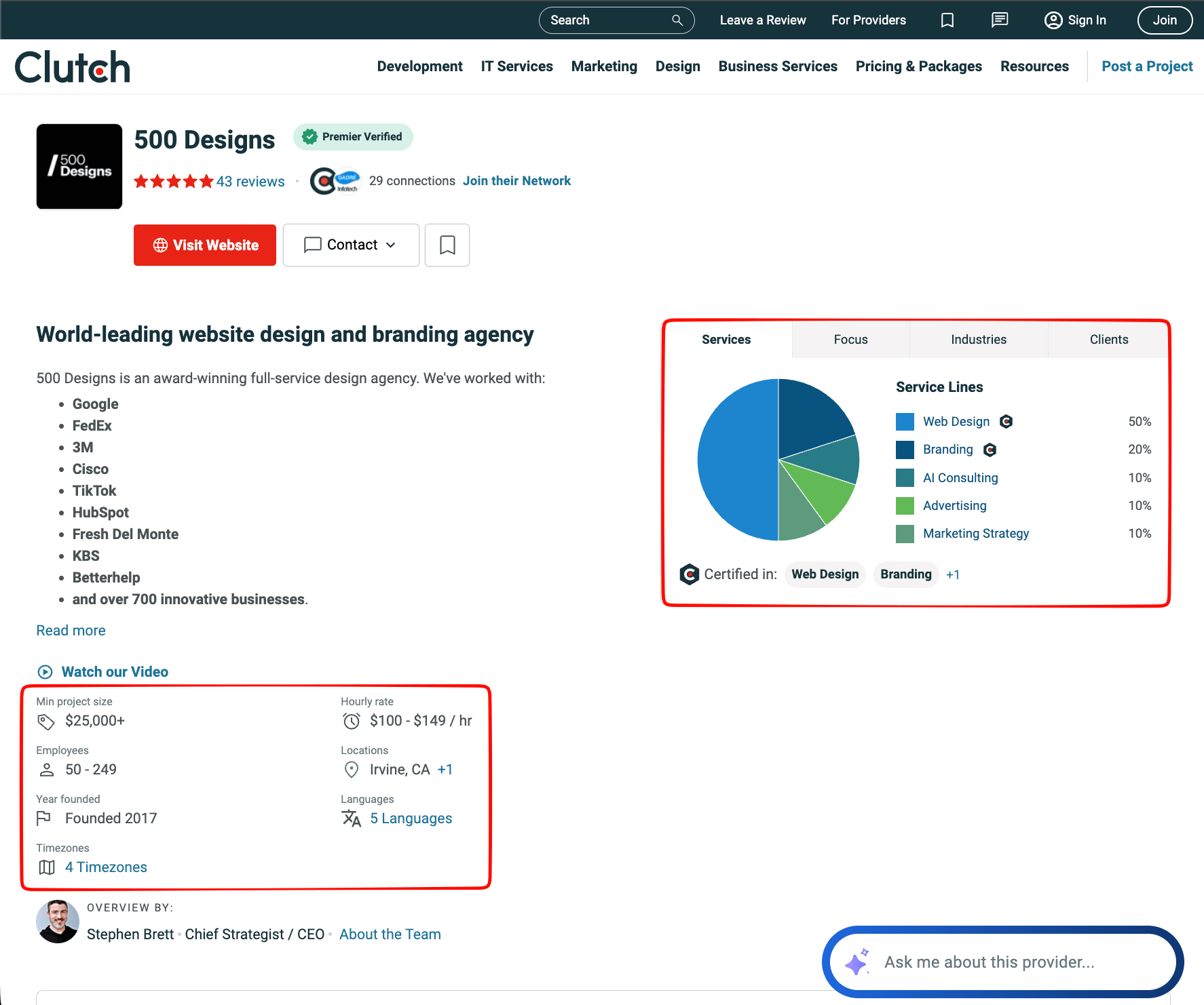 A Clutch profile's stat grid: minimum project size, rate band, employee band, location, year founded, languages, and timezones, next to a pie chart of service line percentages.
