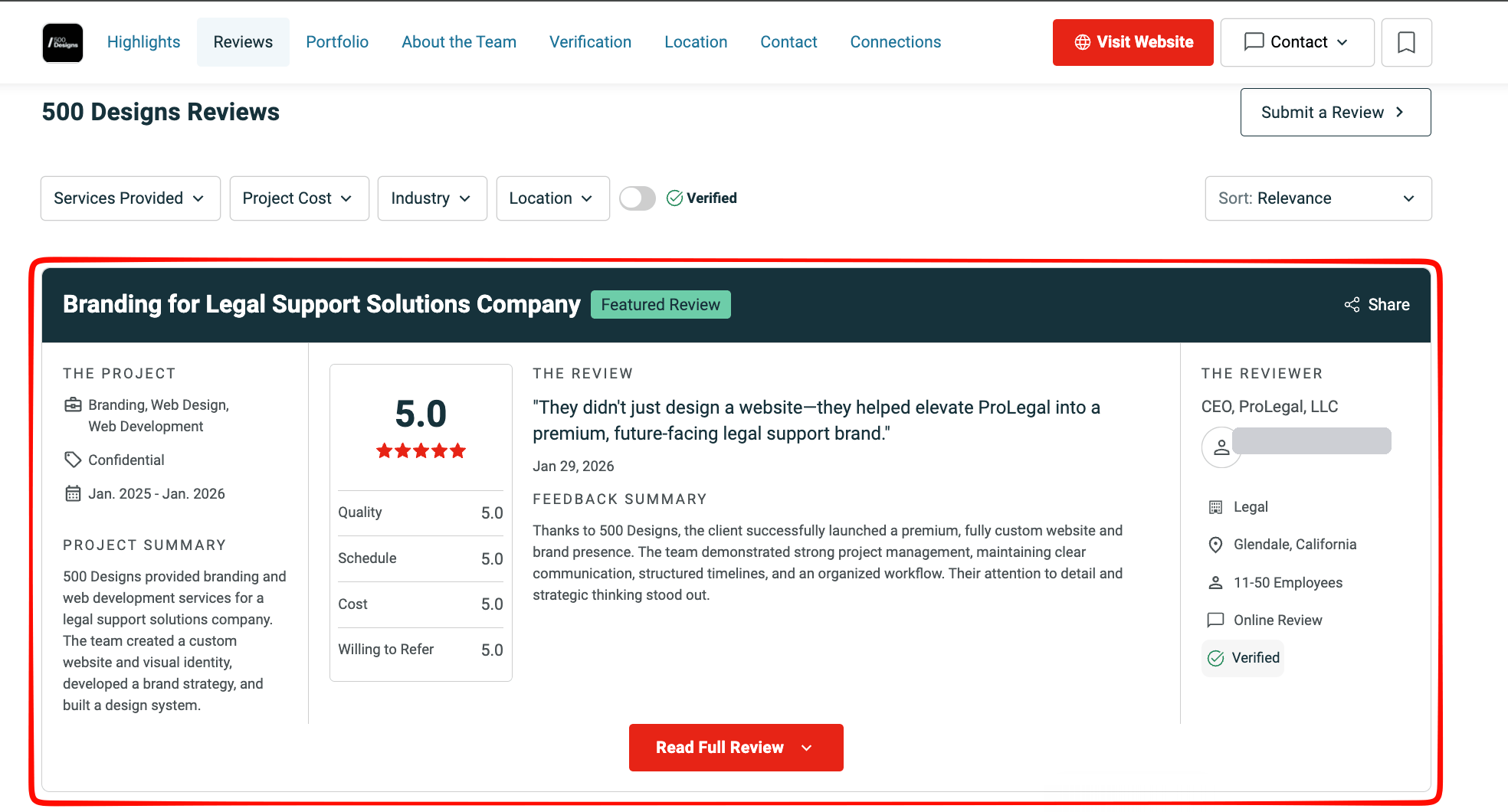 Clutch reviews page, red-outlined "Featured Review" card: Confidential cost and dates at left, 5.0 overall with Quality, Schedule, Cost, and Willing to Refer scores plus the quote in the middle, reviewer's title, company, industry, location, and size at right.