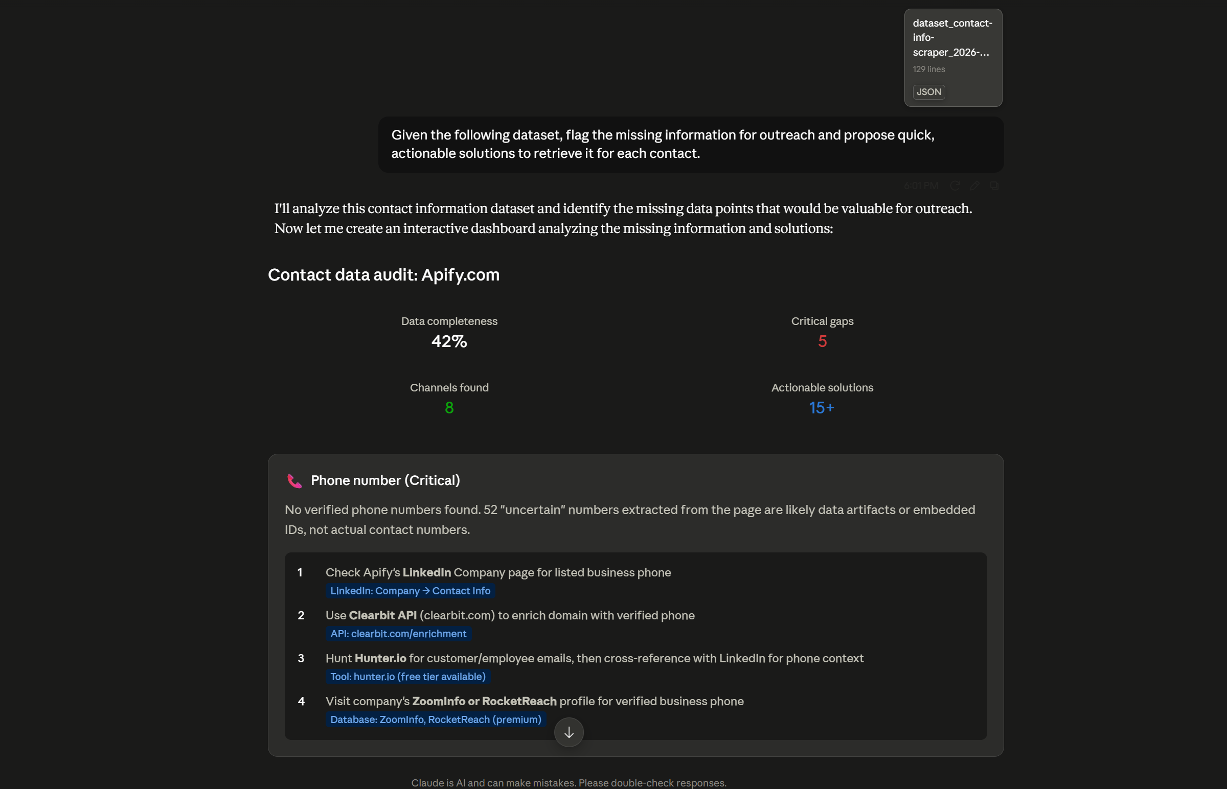 Asking ChatGPT to analyze contact data gaps and proposing enrichment solutions
