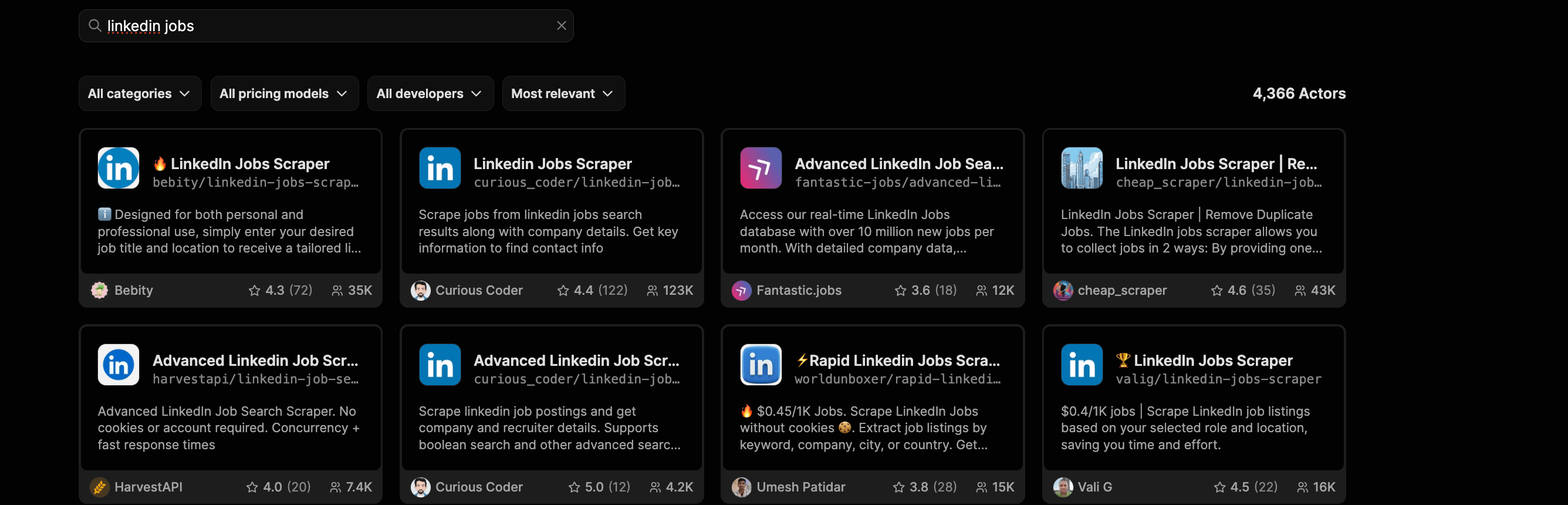 Apify Store search for linkedin jobs, sorted by most relevant. Eight purpose-built LinkedIn job scrapers from different developers, each showing a star rating and a user count, ranging from 4.2k users to 123k.