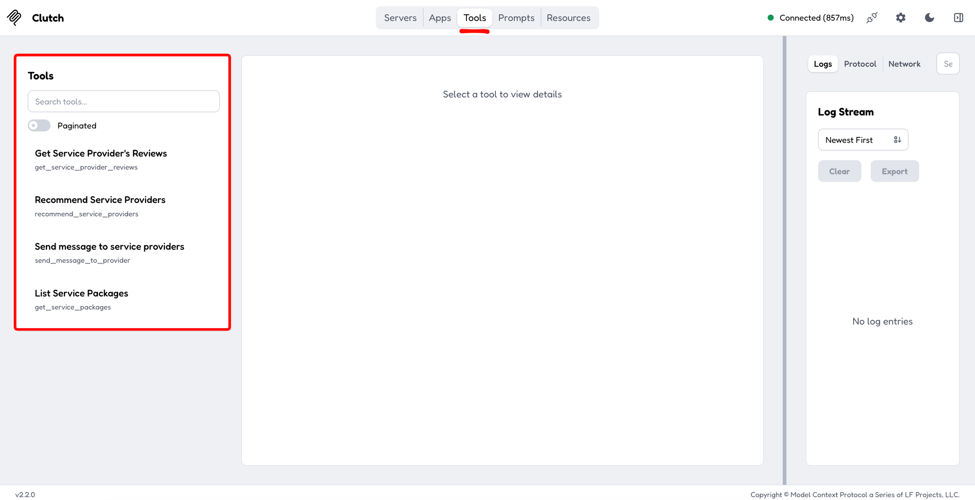 MCP Inspector connected to Clutch's server, Tools tab open, listing four tools: Get Service Provider's Reviews, Recommend Service Providers, Send message to service providers, and List Service Packages.