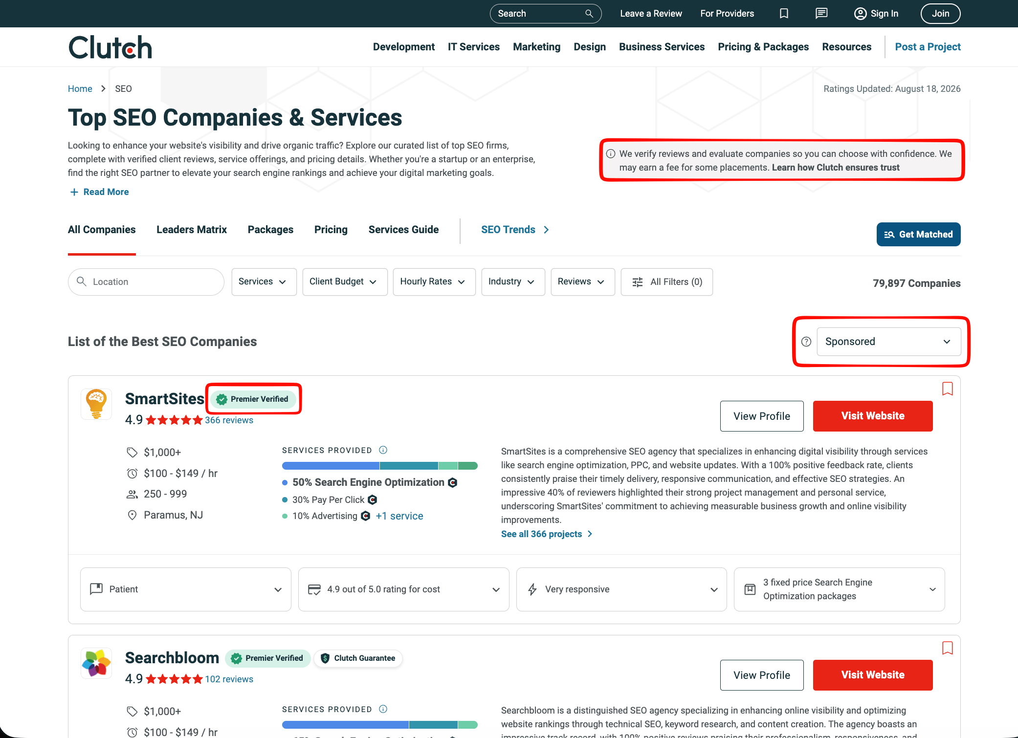 Top of Clutch's SEO directory page: "We may earn a fee for some placements" banner, "Sponsored" sort label, and SmartSites/Searchbloom cards each showing only a "Premier Verified" badge (Searchbloom also "Clutch Guarantee"), no sponsorship label.