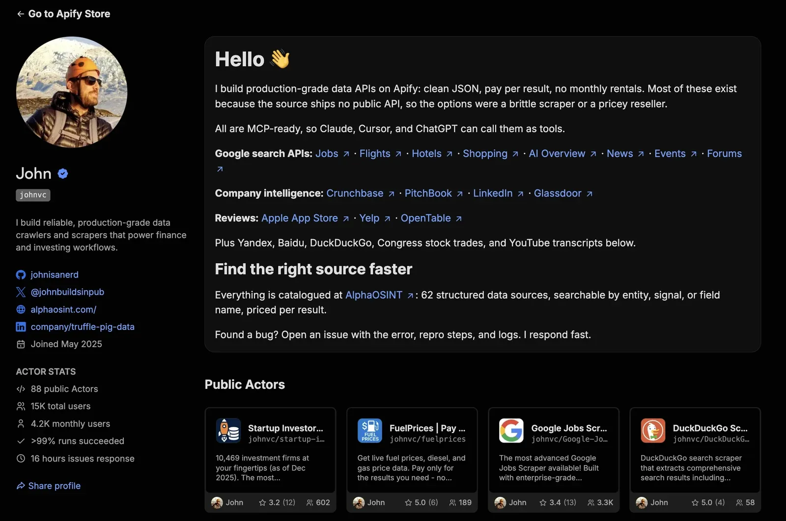 John Cole's Apify Store profile, listing his Actor catalog and stats.