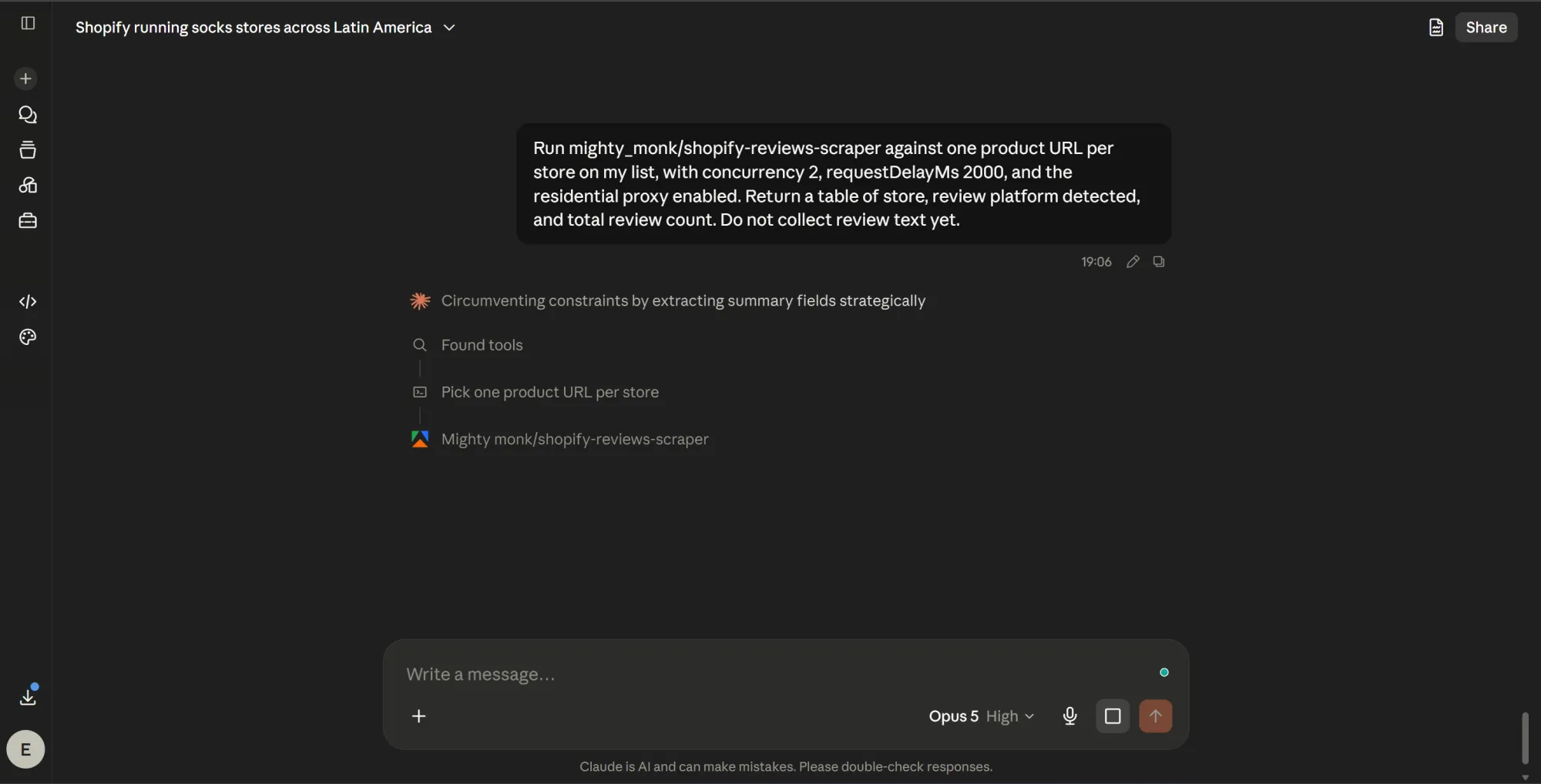 Claude running the review platform survey with the Shopify Reviews Scraper.