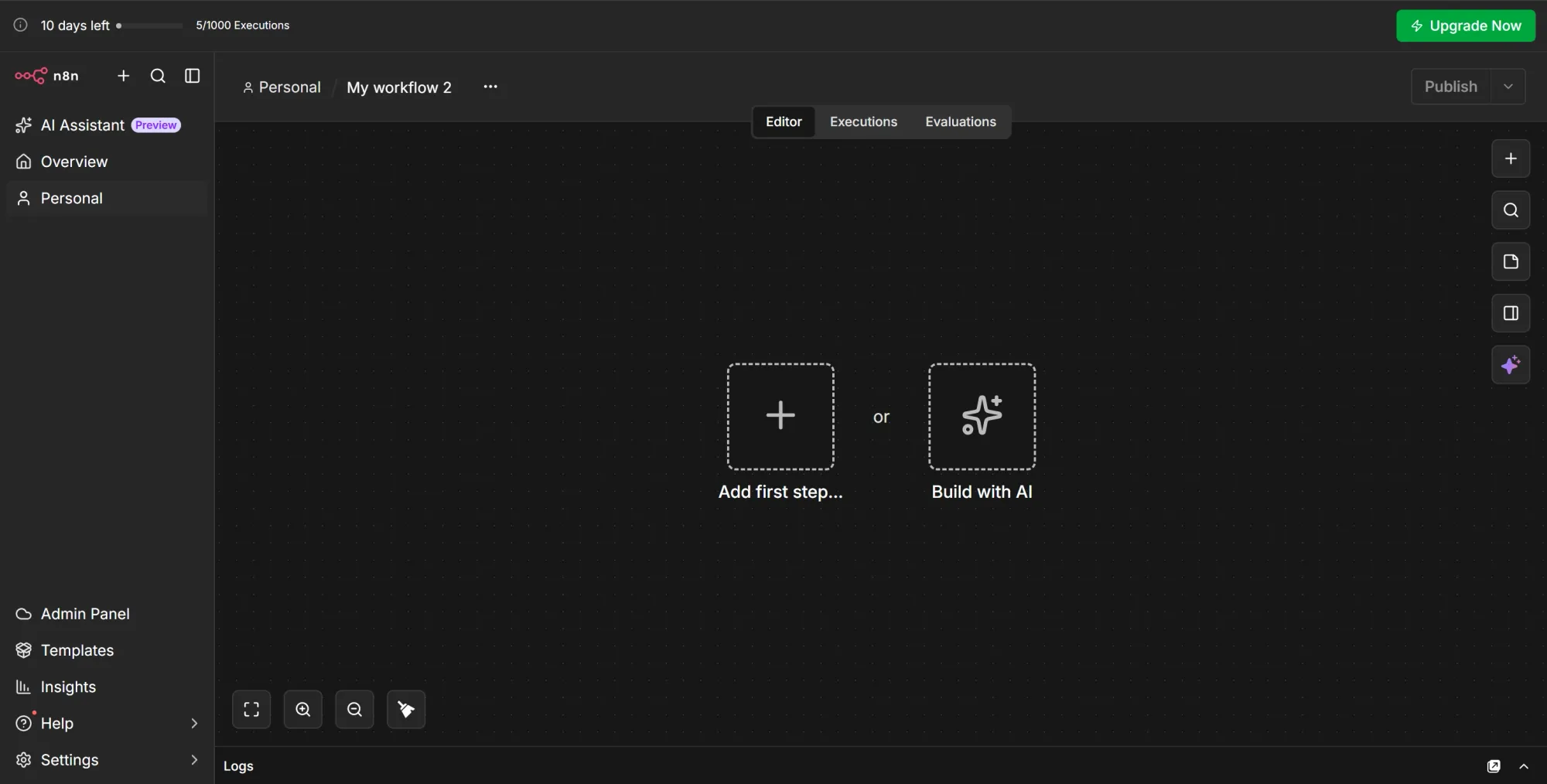 Empty n8n editor canvas with options to add the first workflow step
