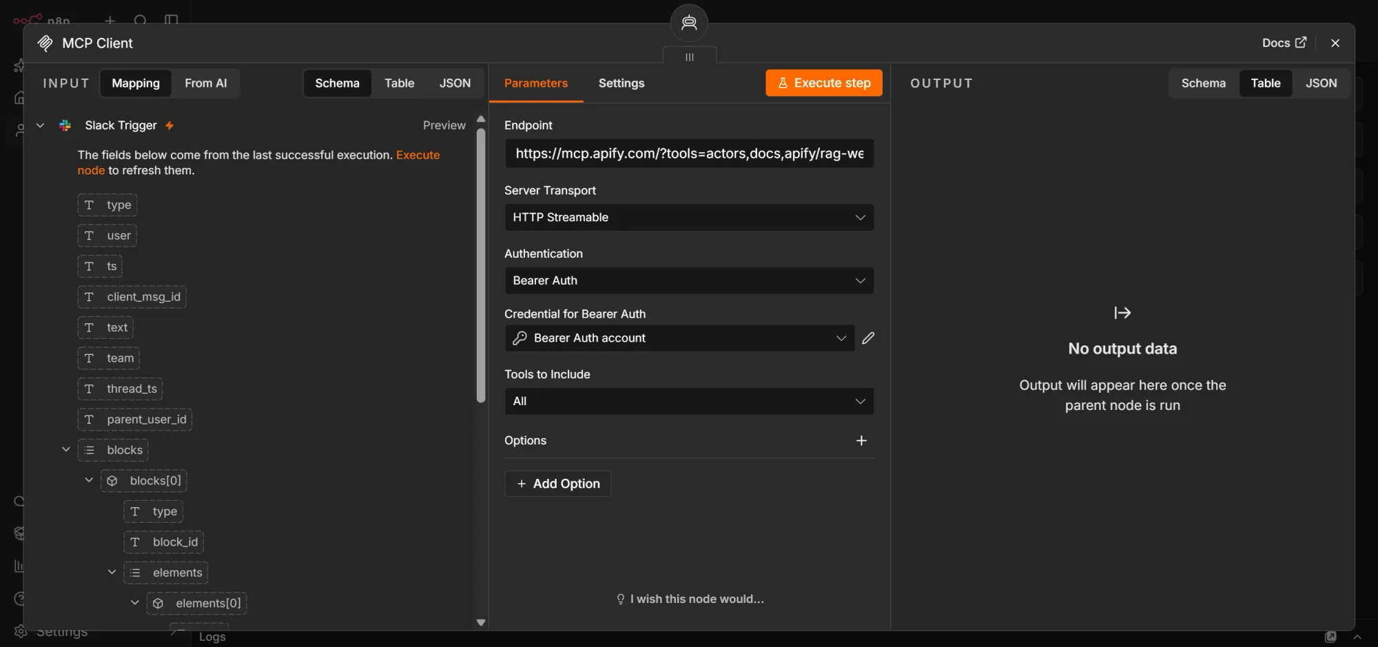 n8n MCP Client configured to connect to the Apify MCP server