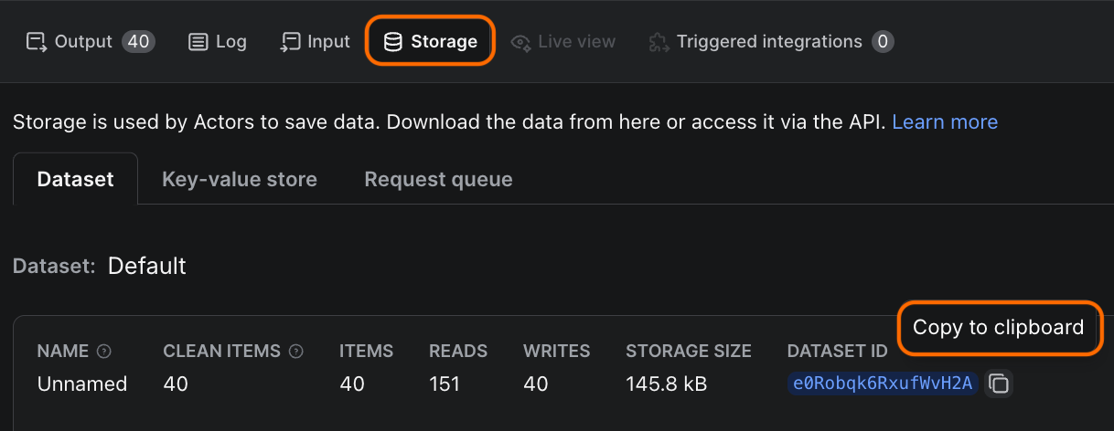 Copying the dataset ID from the Instagram Scraper run