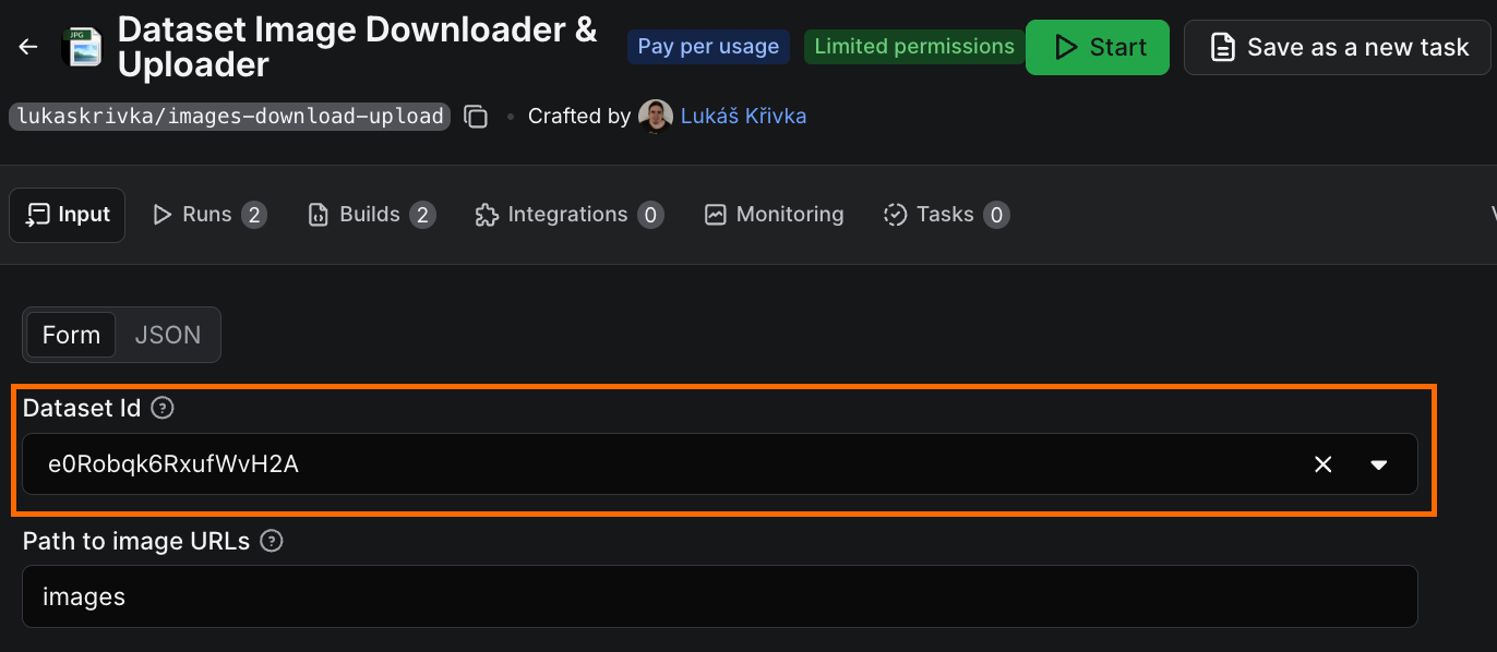 Dataset Image Downloader & Uploader input with the dataset ID