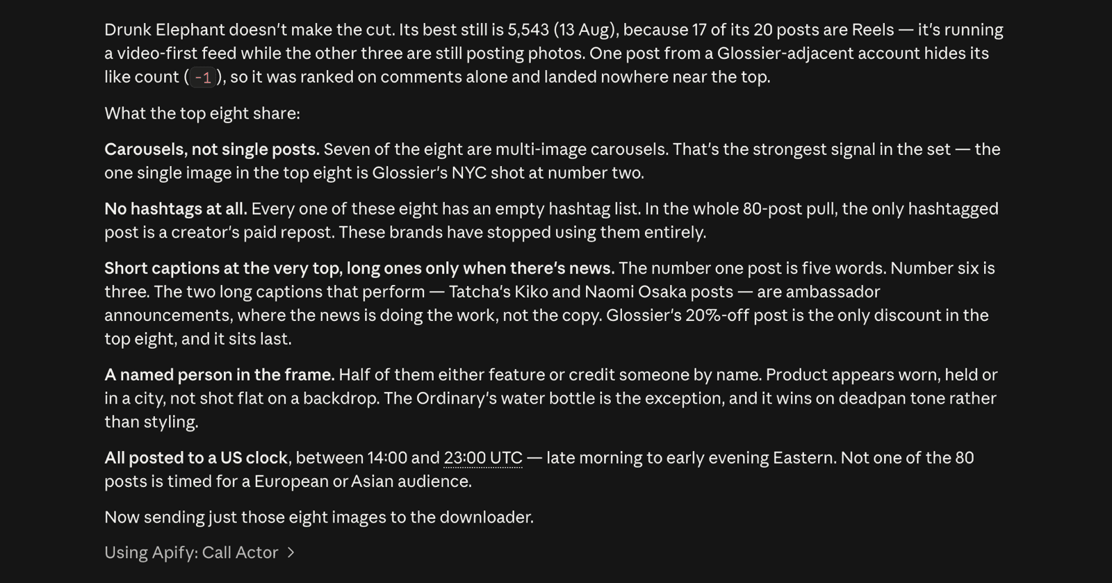 Claude's analysis of the top-performing Instagram posts