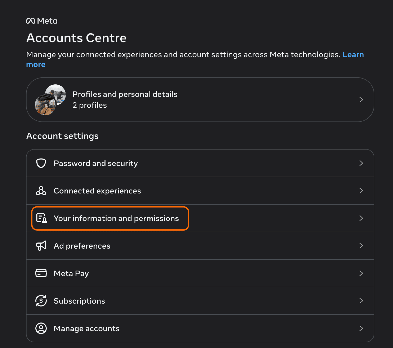 Accounts Center in Instagram settings