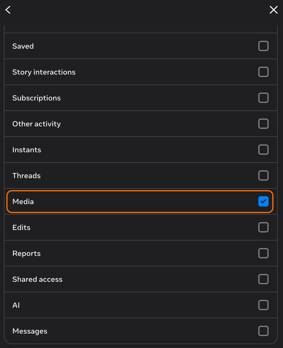 Choosing which Instagram data to include in the export