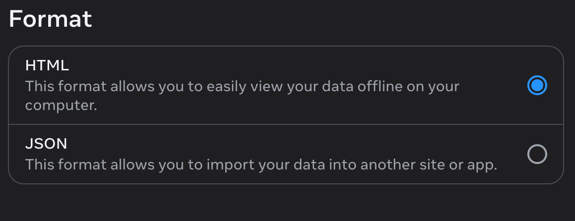 Choosing HTML or JSON for the Instagram data export