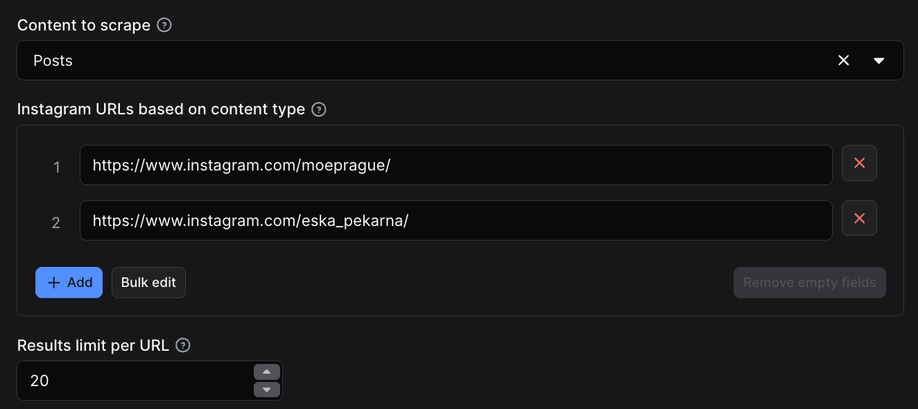 Instagram Scraper input form in Apify Console