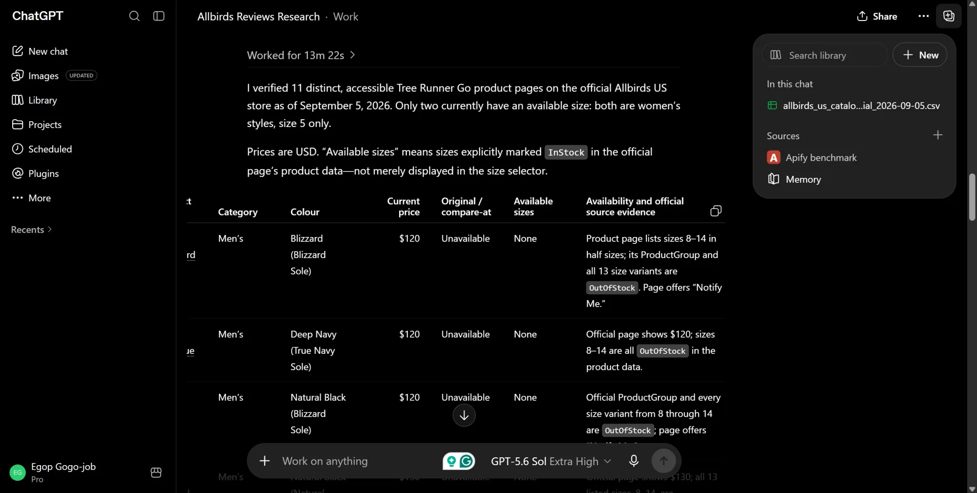 Apify results showing Tree Runner Go prices and confirming size availability