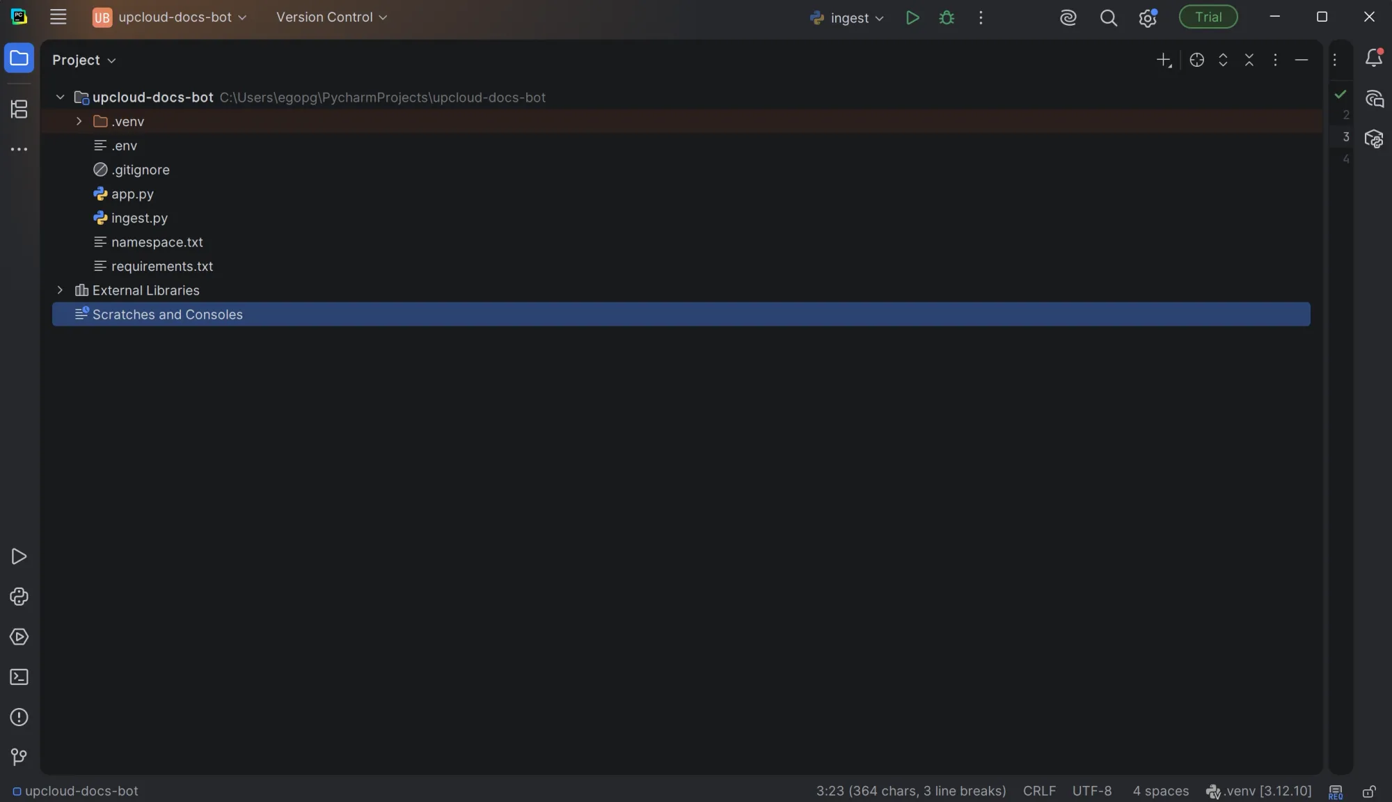 UpCloud Docs Companion project files and virtual environment in PyCharm.