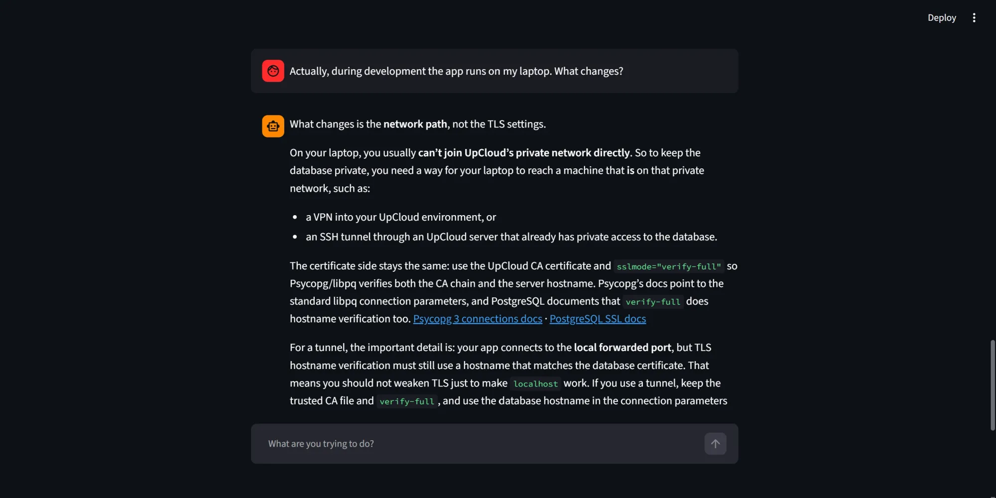 Chatbot explaining VPN and SSH tunnel options for private database access from a laptop.