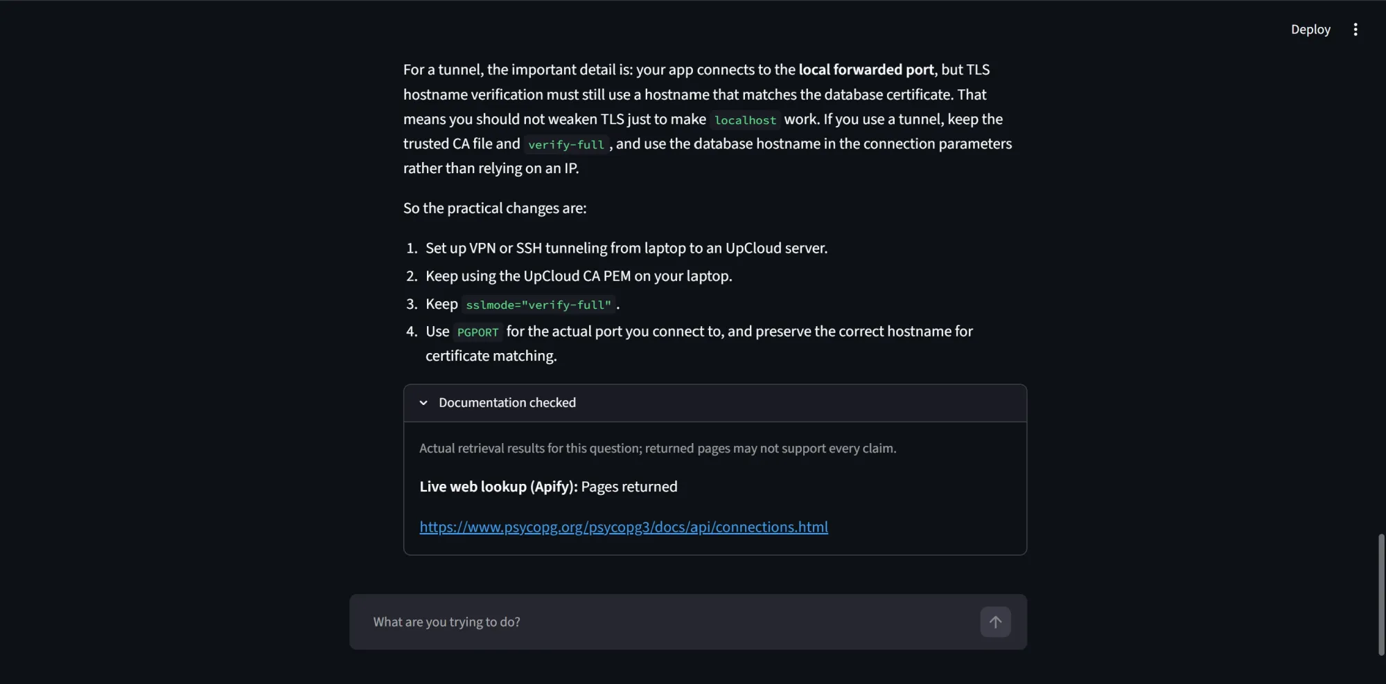 Chatbot checklist for laptop database access, covering tunneling, certificates, and hostname verification.