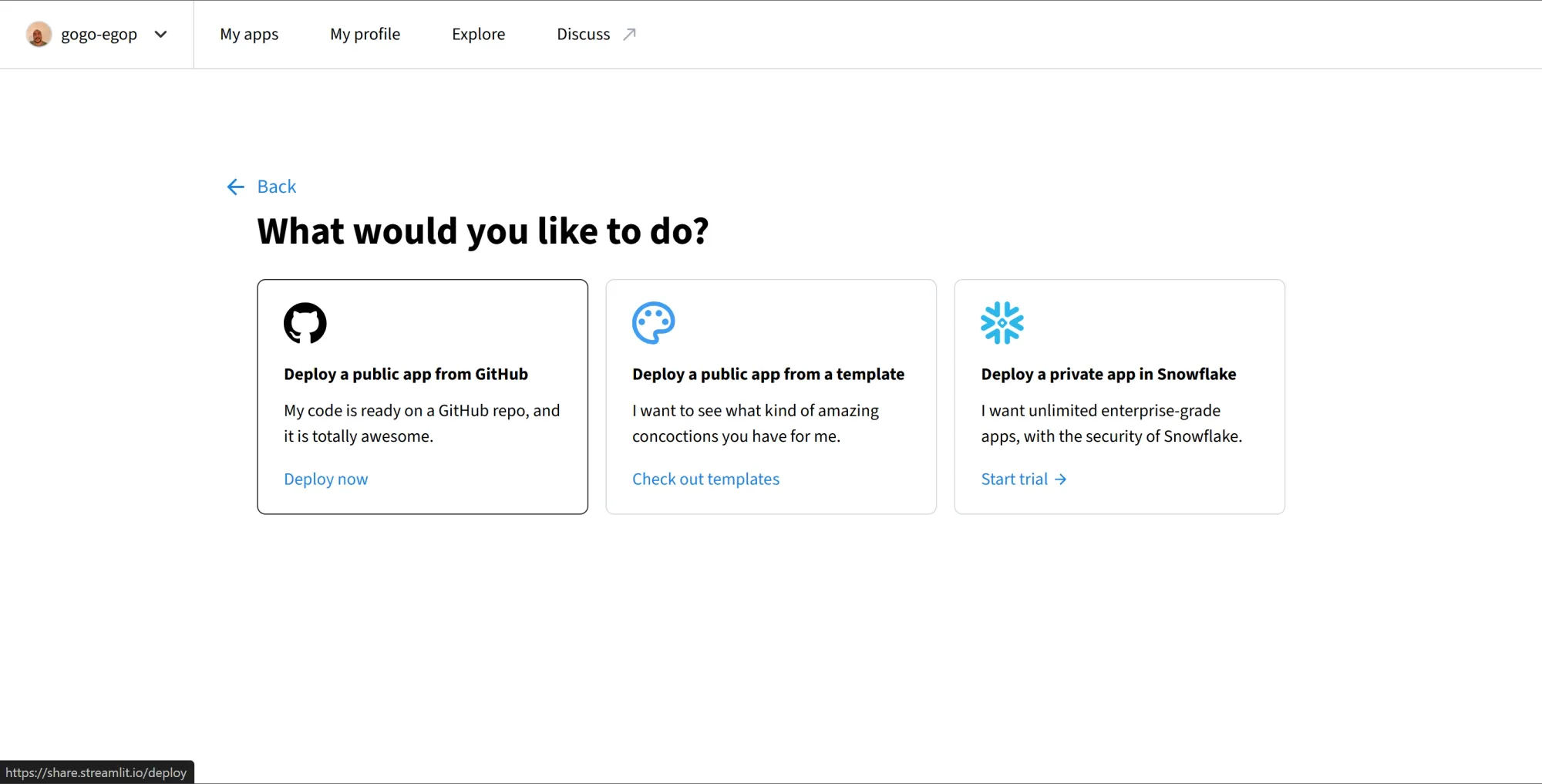 Streamlit deployment options, with "Deploy a public app from GitHub" highlighted.