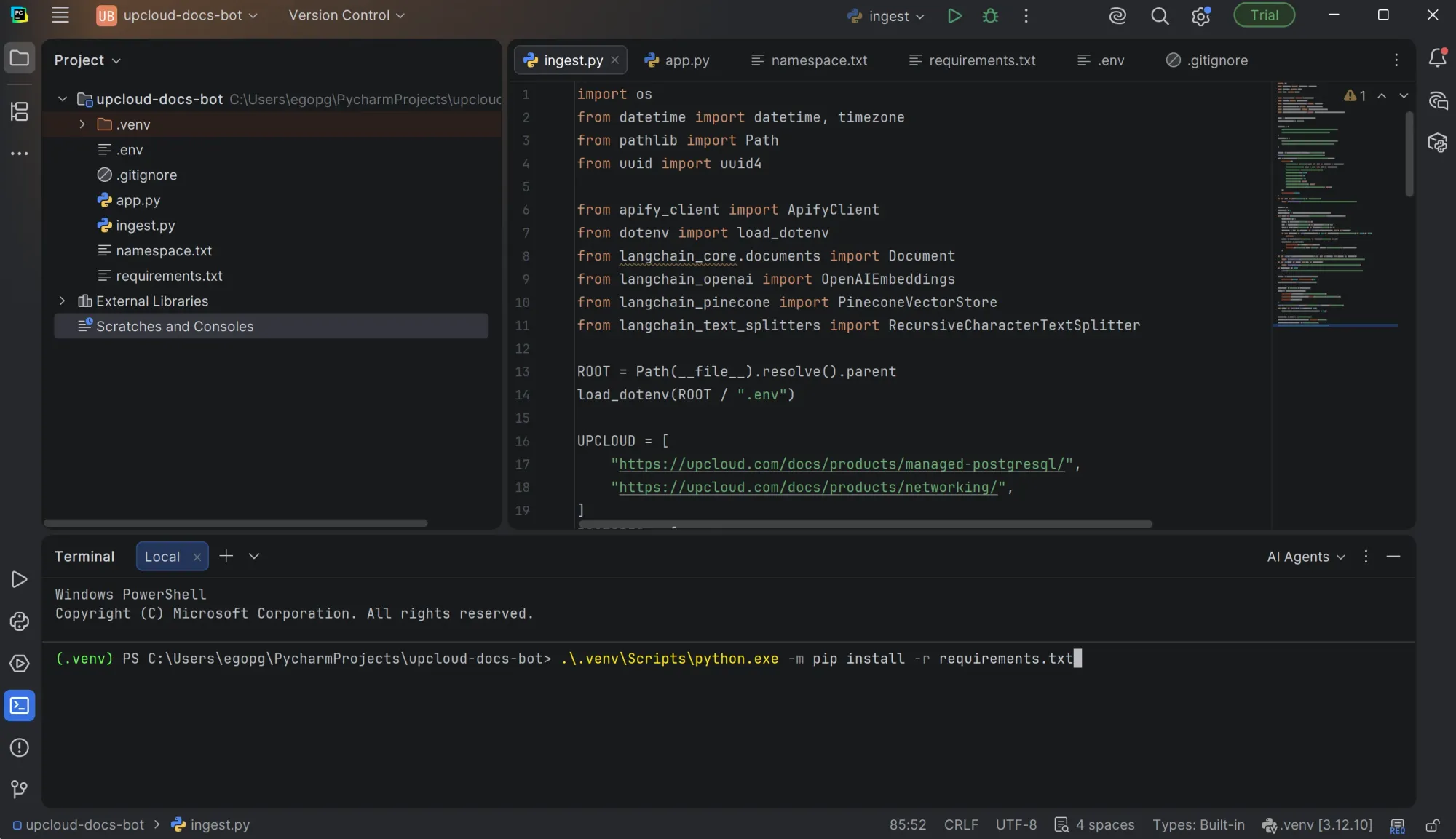   PyCharm terminal with the command to install Python dependencies from requirements.txt.