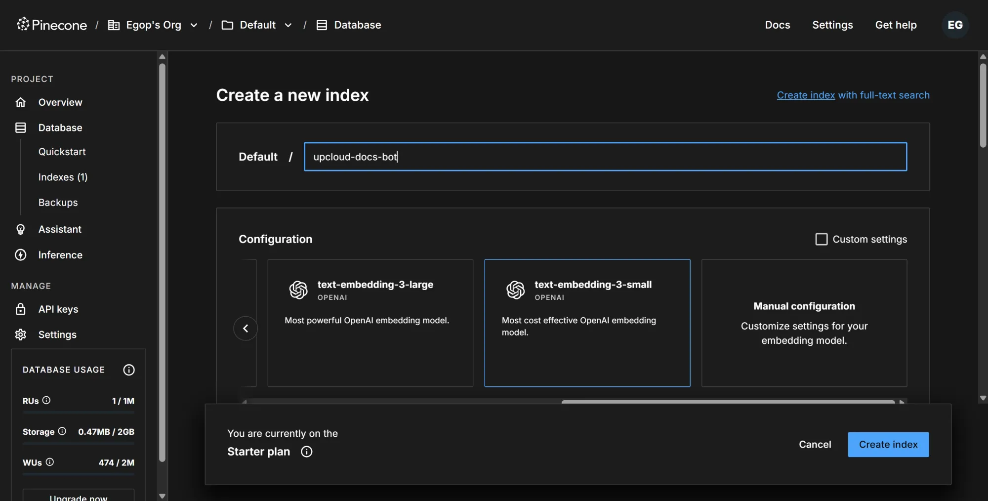   Pinecone index setup for upcloud-docs-bot with text-embedding-3-small selected.
